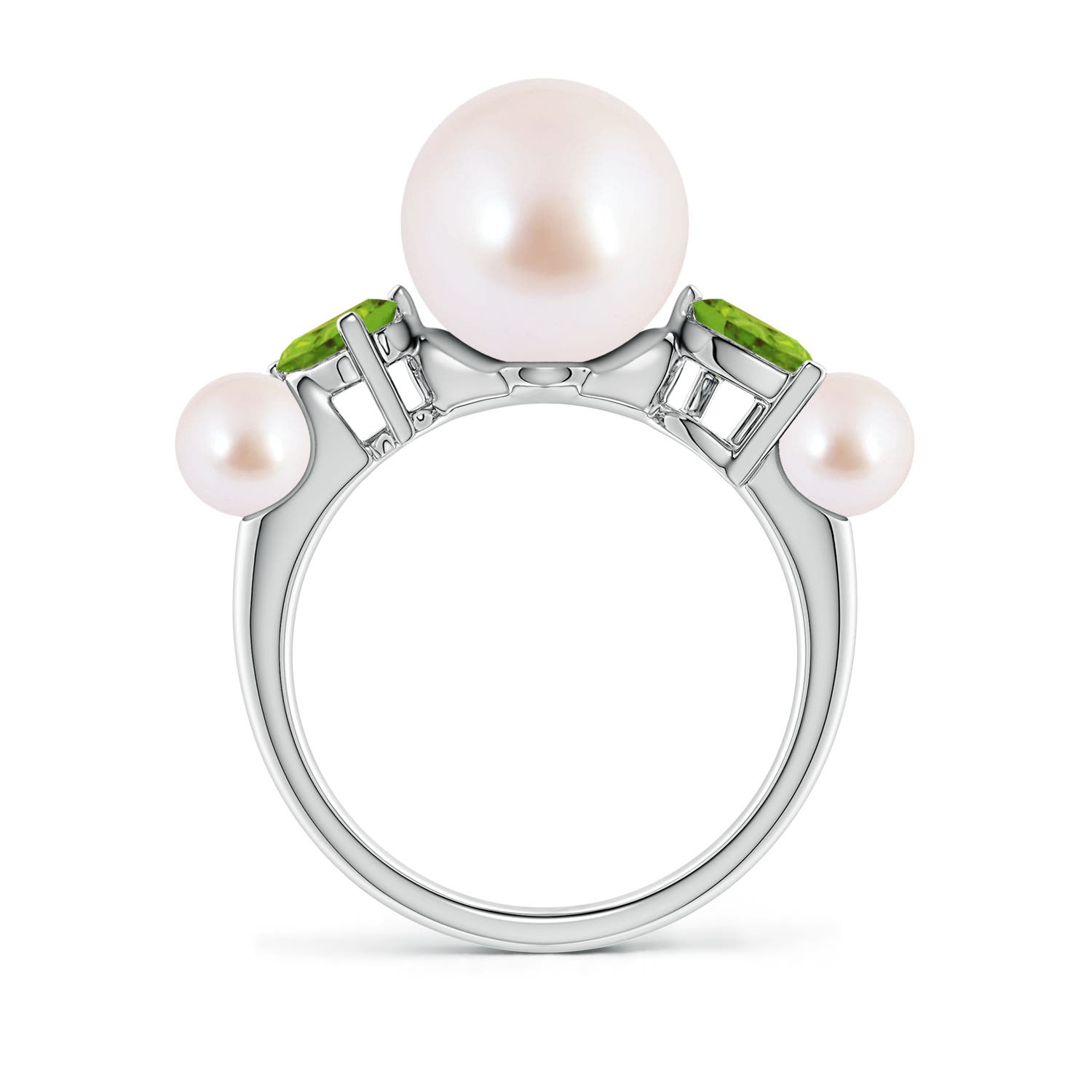 9mm AAA Akoya Pearl and Tilted Pear Peridot Tapered Shank Ring in White Gold