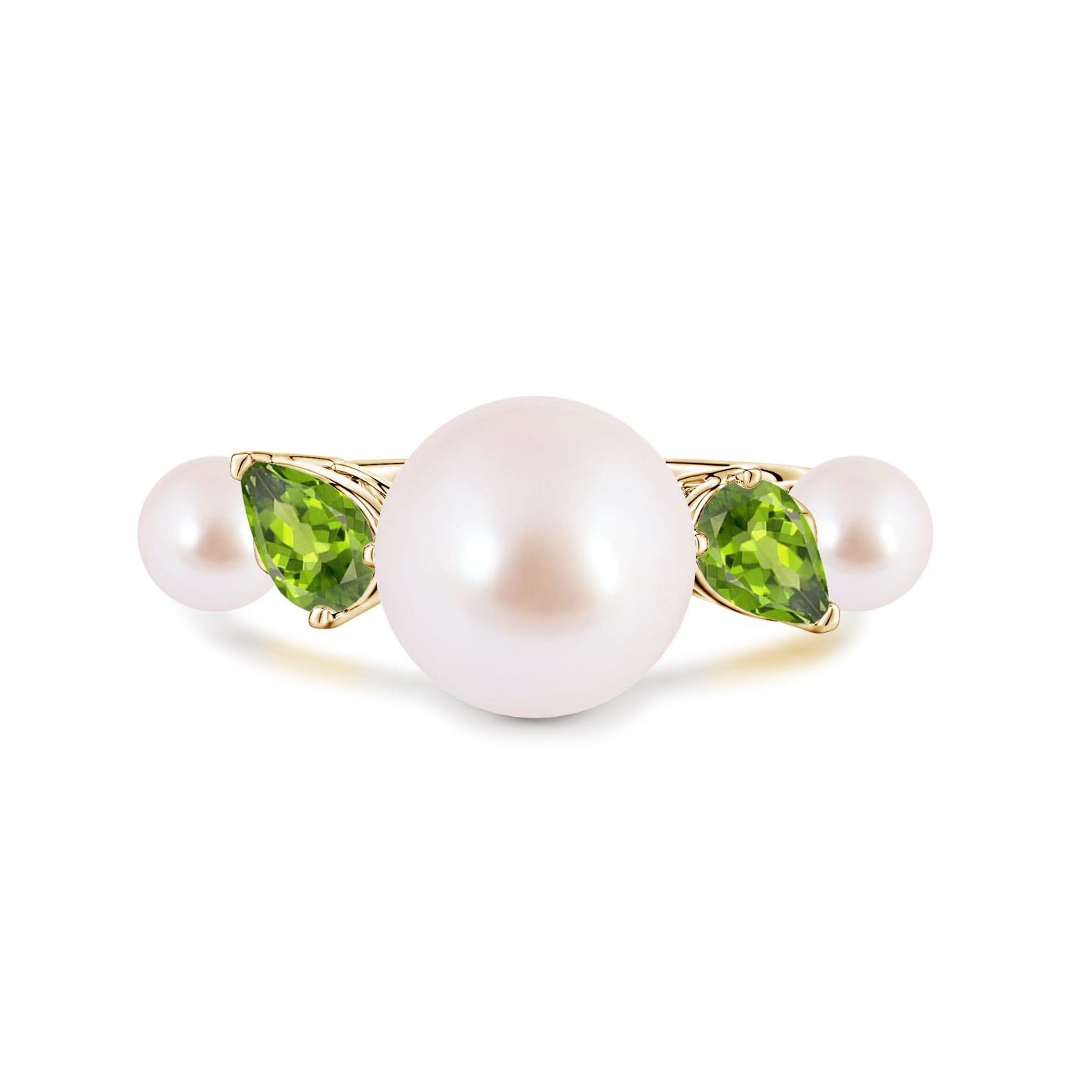 9mm AAA Akoya Pearl and Tilted Pear Peridot Tapered Shank Ring in Yellow Gold