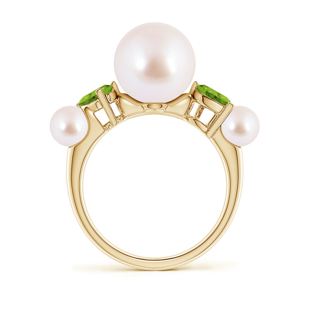 9mm AAA Akoya Pearl and Tilted Pear Peridot Tapered Shank Ring in Yellow Gold - side 2