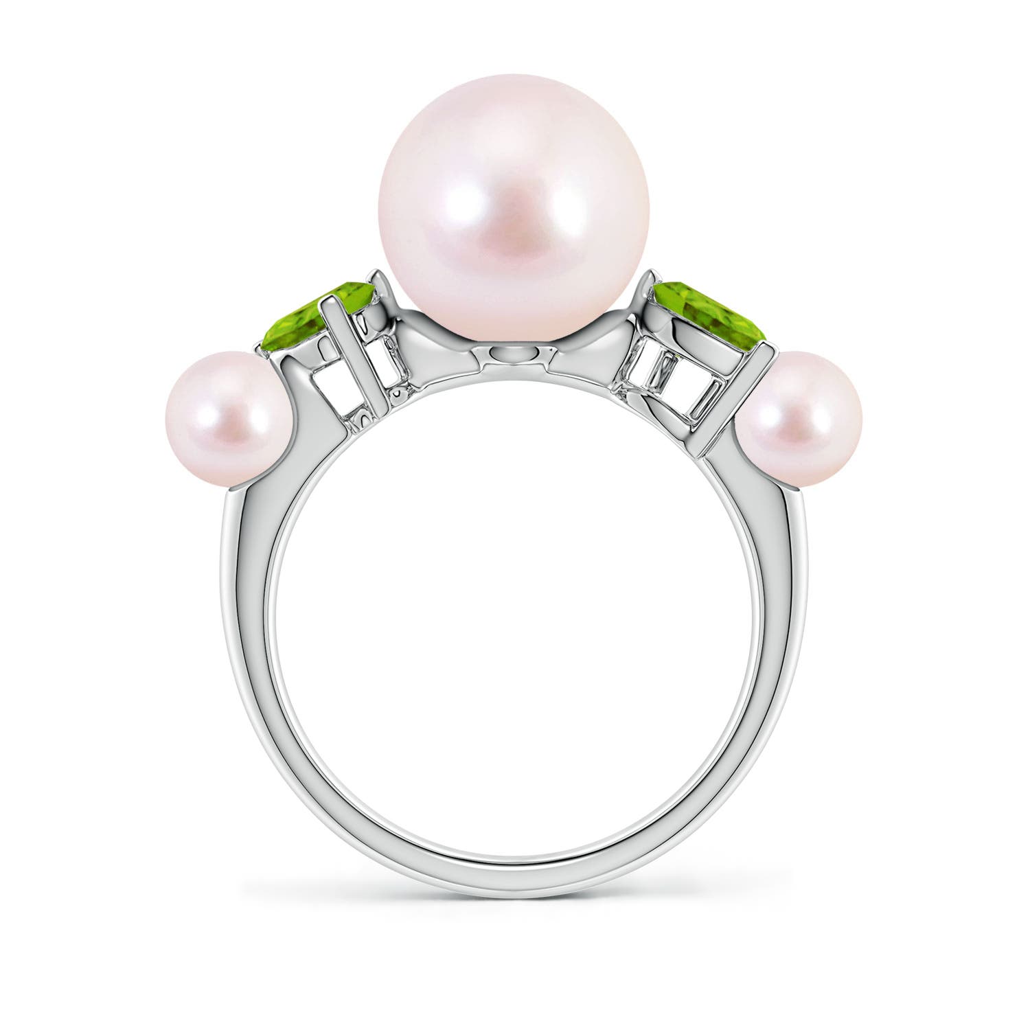9mm AAAA Akoya Pearl and Tilted Pear Peridot Tapered Shank Ring in White Gold