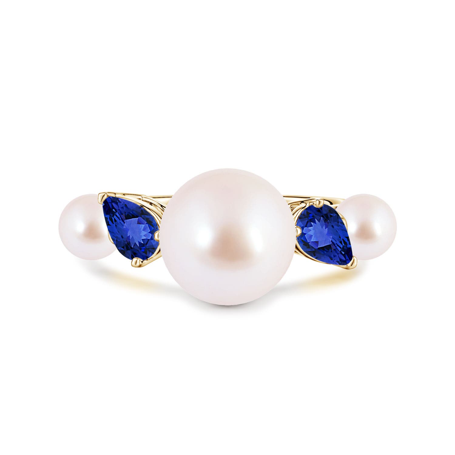 10mm AAA Akoya Pearl and Tilted Pear Tanzanite Tapered Shank Ring in 18CT Yellow Gold