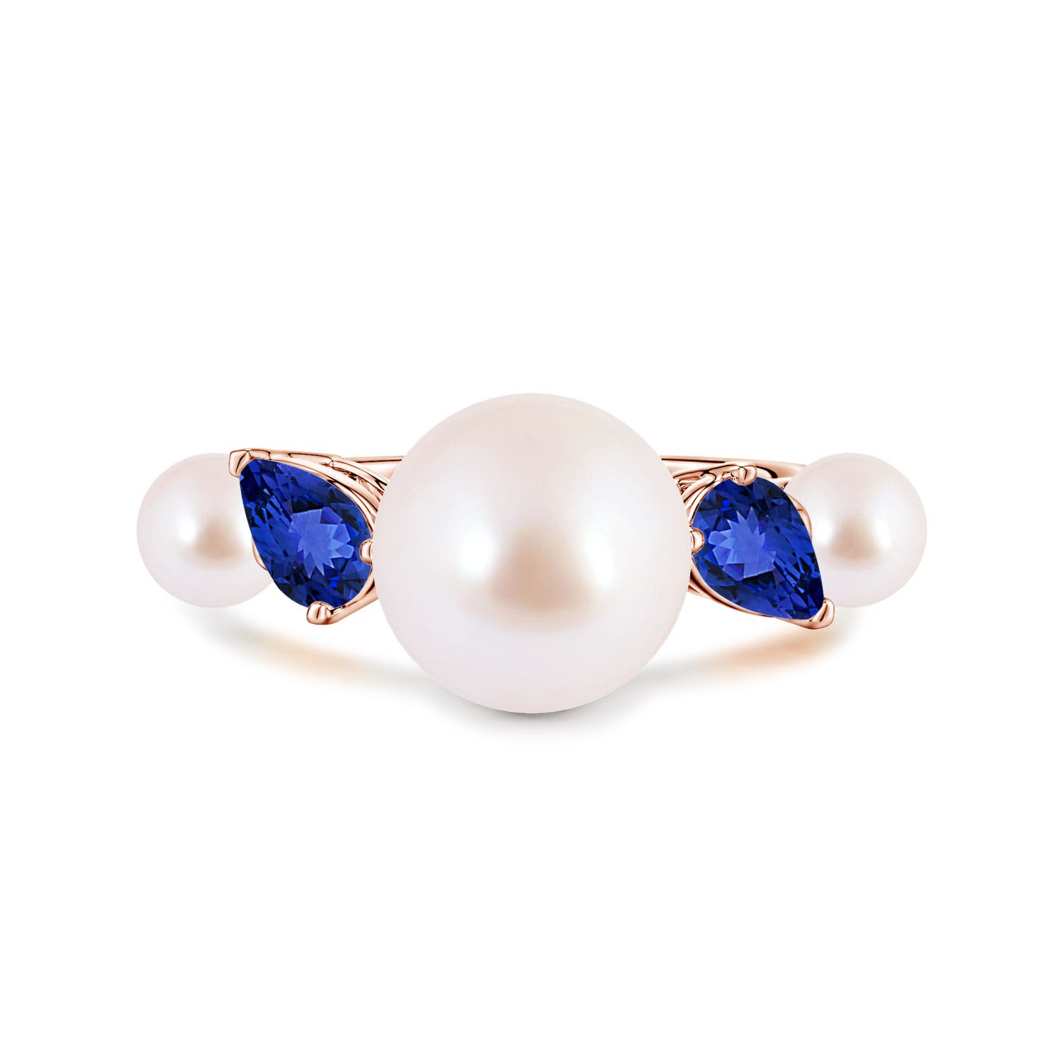 10mm AAA Akoya Pearl and Tilted Pear Tanzanite Tapered Shank Ring in Rose Gold