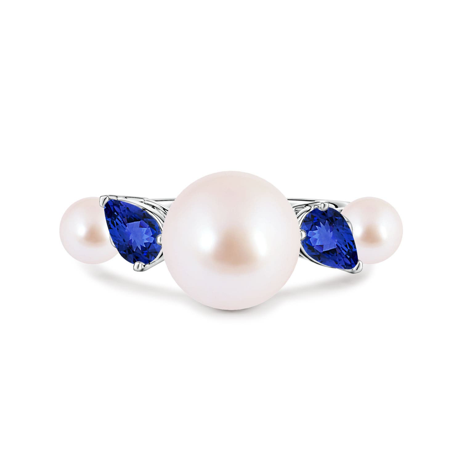 10mm AAA Akoya Pearl and Tilted Pear Tanzanite Tapered Shank Ring in White Gold