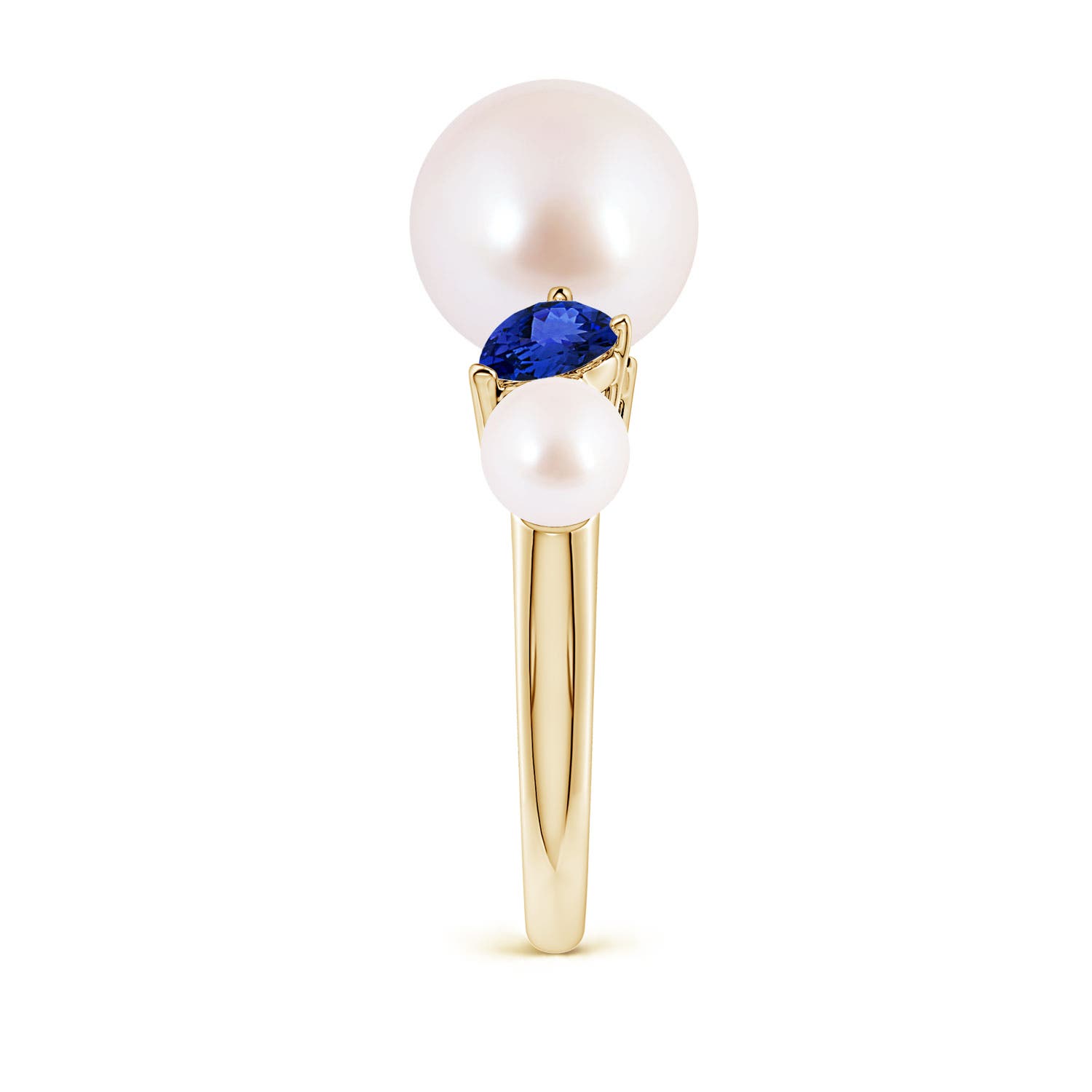 10mm AAA Akoya Pearl and Tilted Pear Tanzanite Tapered Shank Ring in Yellow Gold - side 3