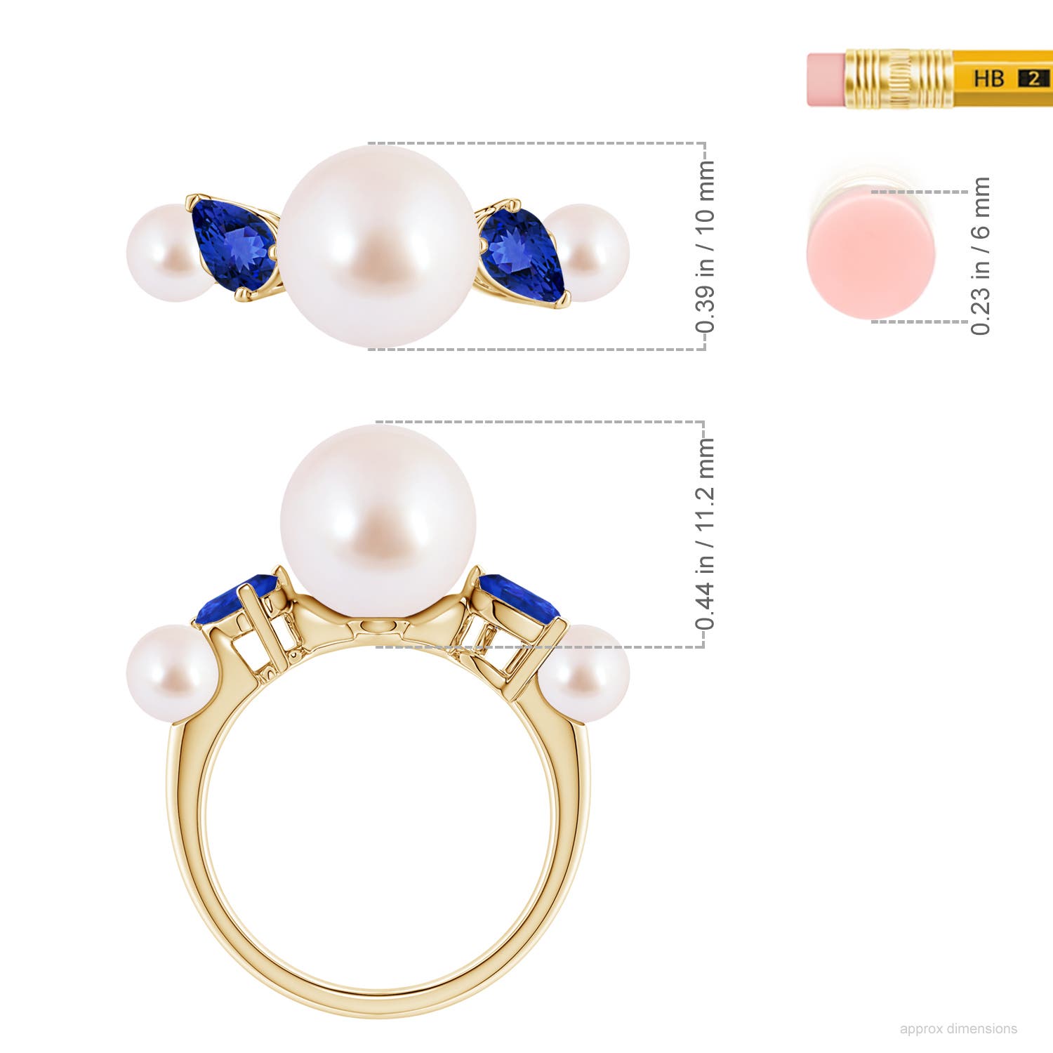 10mm AAA Akoya Pearl and Tilted Pear Tanzanite Tapered Shank Ring in Yellow Gold - ruler