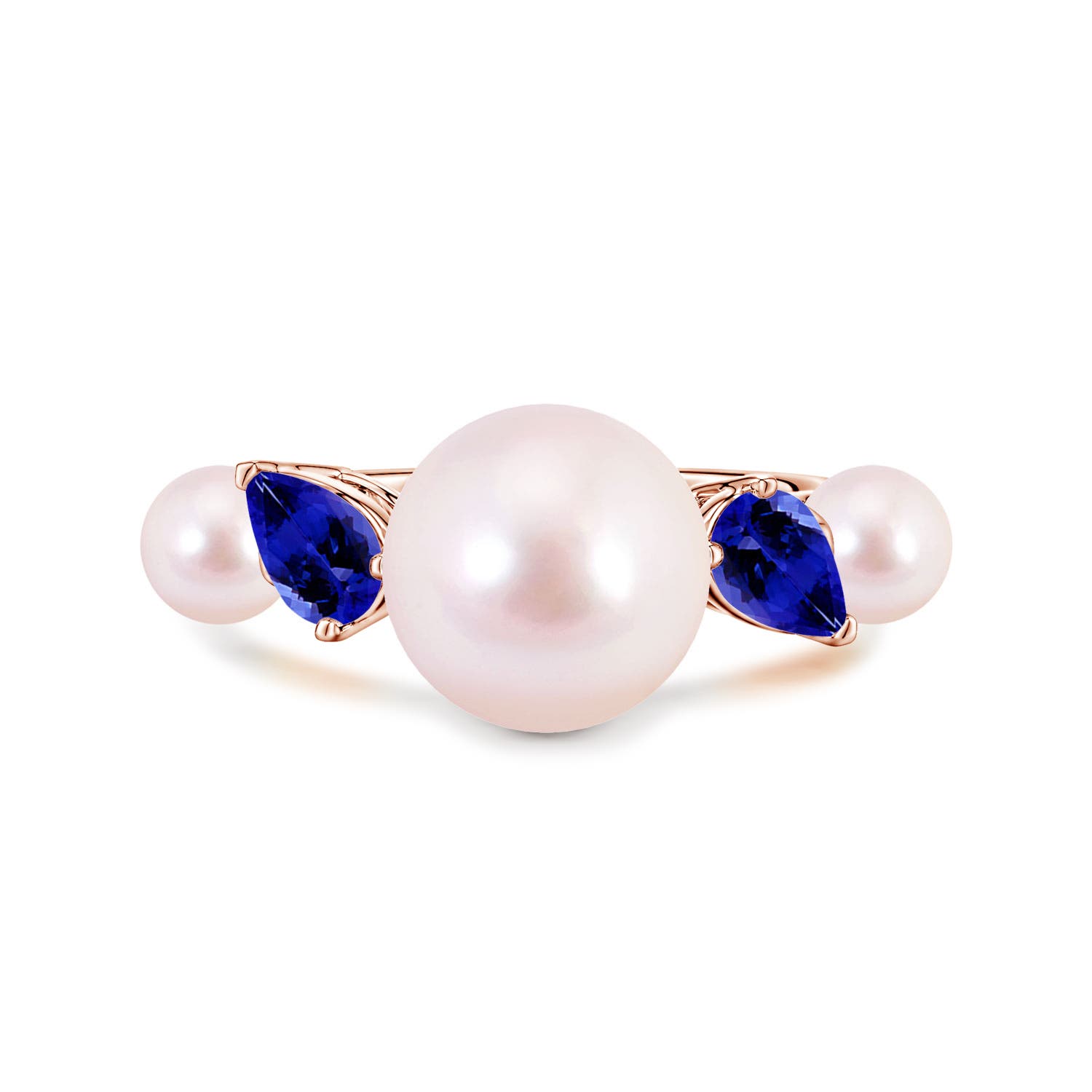 10mm AAAA Akoya Pearl and Tilted Pear Tanzanite Tapered Shank Ring in Rose Gold