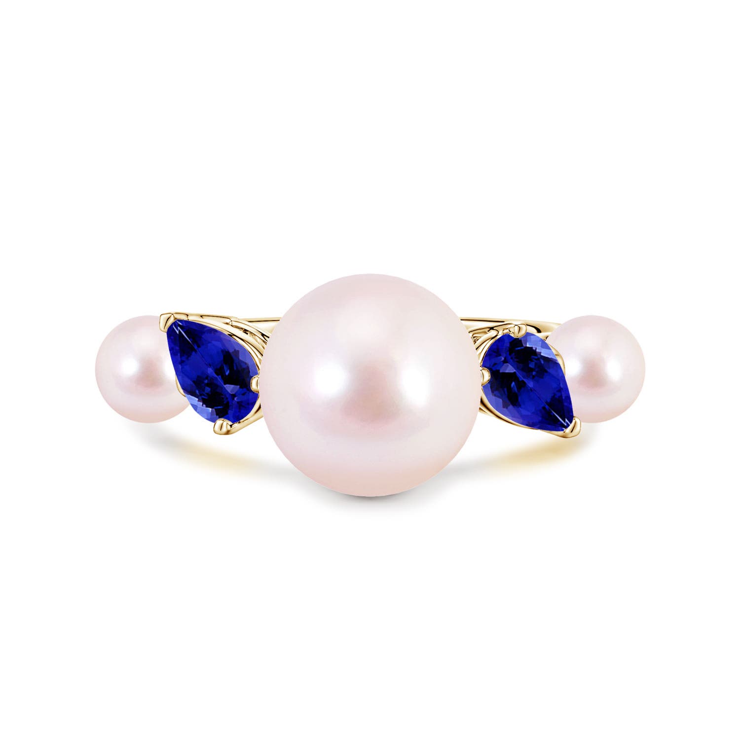 10mm AAAA Akoya Pearl and Tilted Pear Tanzanite Tapered Shank Ring in Yellow Gold