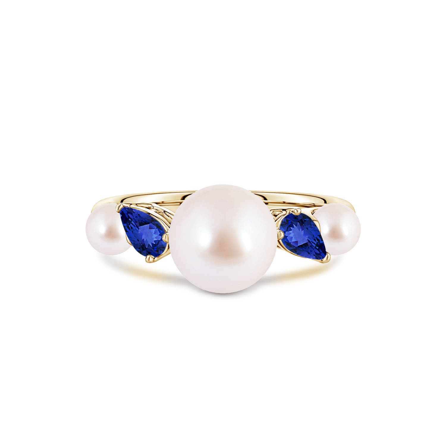8mm AAA Akoya Pearl and Tilted Pear Tanzanite Tapered Shank Ring in 18K Yellow Gold