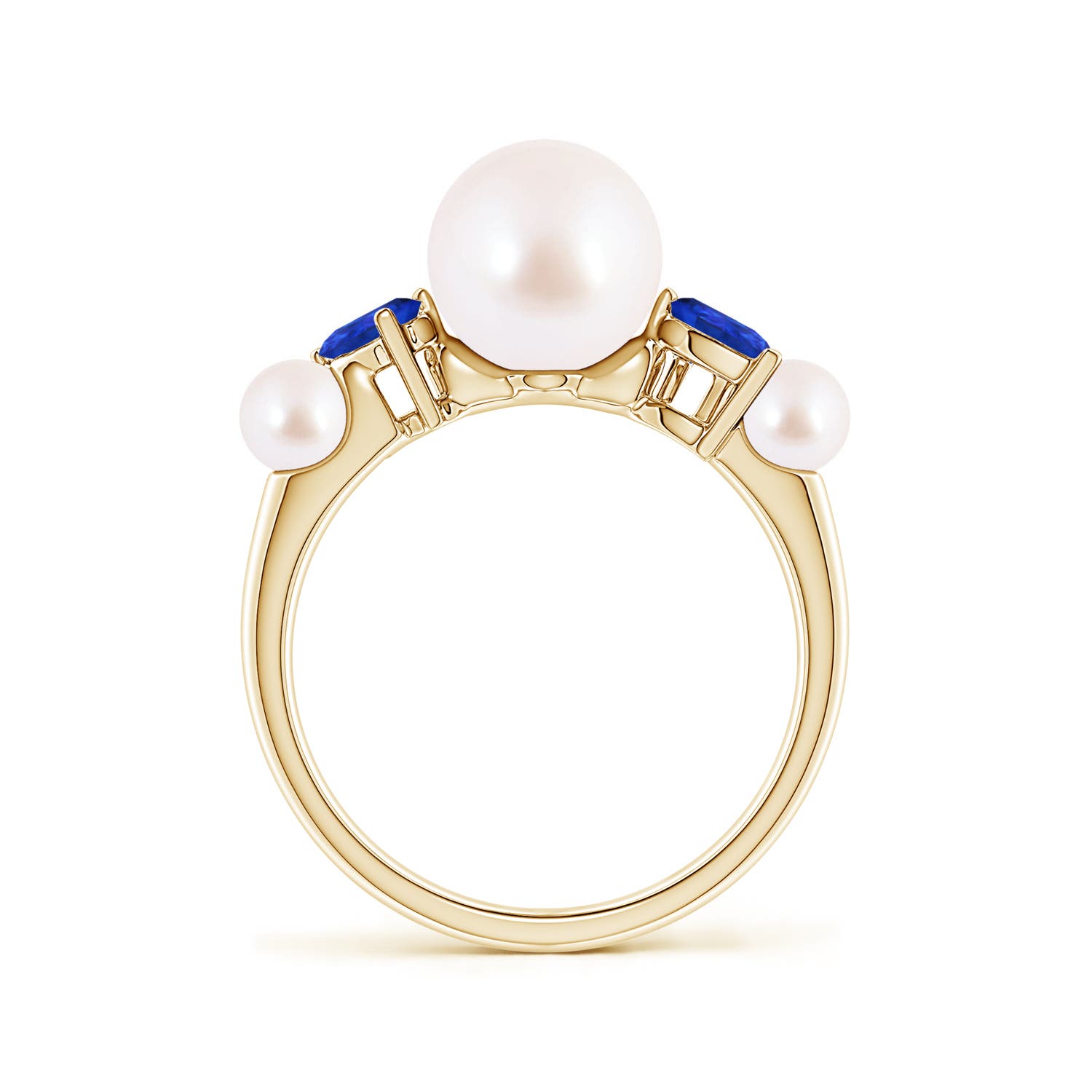 8mm AAA Akoya Pearl and Tilted Pear Tanzanite Tapered Shank Ring in 18K Yellow Gold