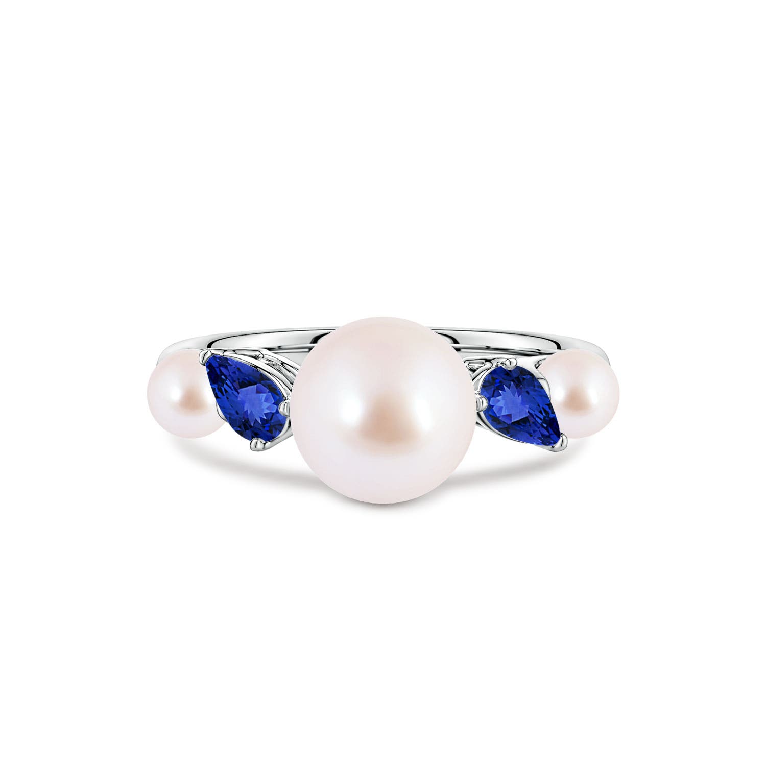 8mm AAA Akoya Pearl and Tilted Pear Tanzanite Tapered Shank Ring in White Gold