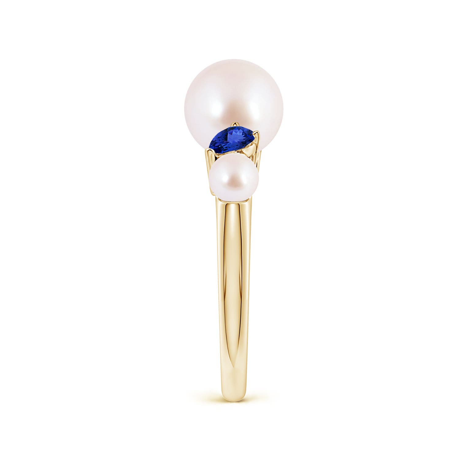 8mm AAA Akoya Pearl and Tilted Pear Tanzanite Tapered Shank Ring in Yellow Gold - side 3