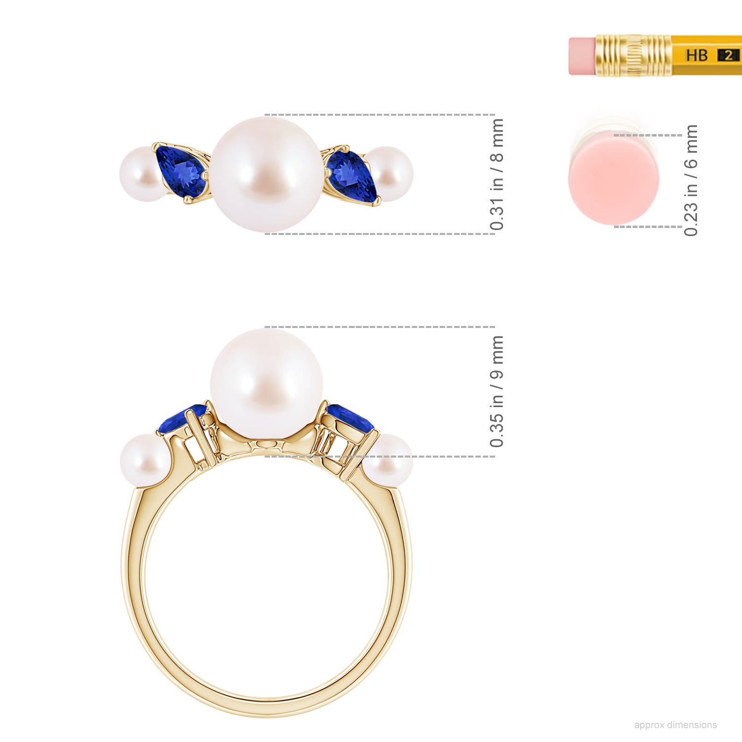 8mm AAA Akoya Pearl and Tilted Pear Tanzanite Tapered Shank Ring in Yellow Gold - ruler