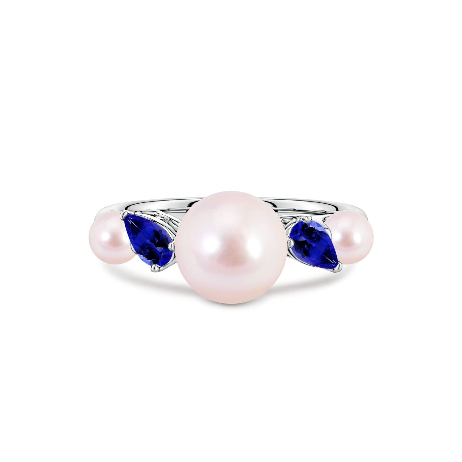 8mm AAAA Akoya Pearl and Tilted Pear Tanzanite Tapered Shank Ring in White Gold