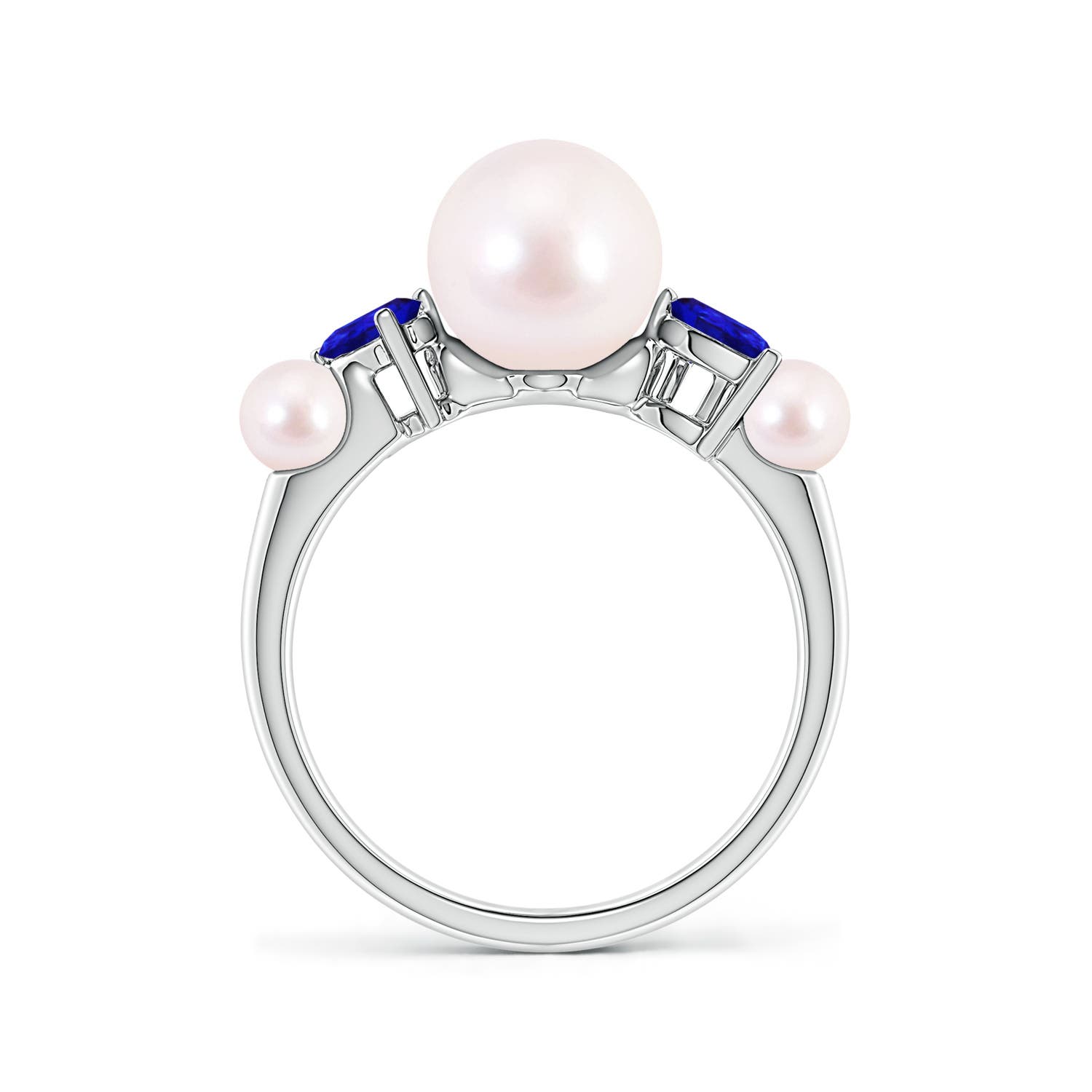 8mm AAAA Akoya Pearl and Tilted Pear Tanzanite Tapered Shank Ring in White Gold
