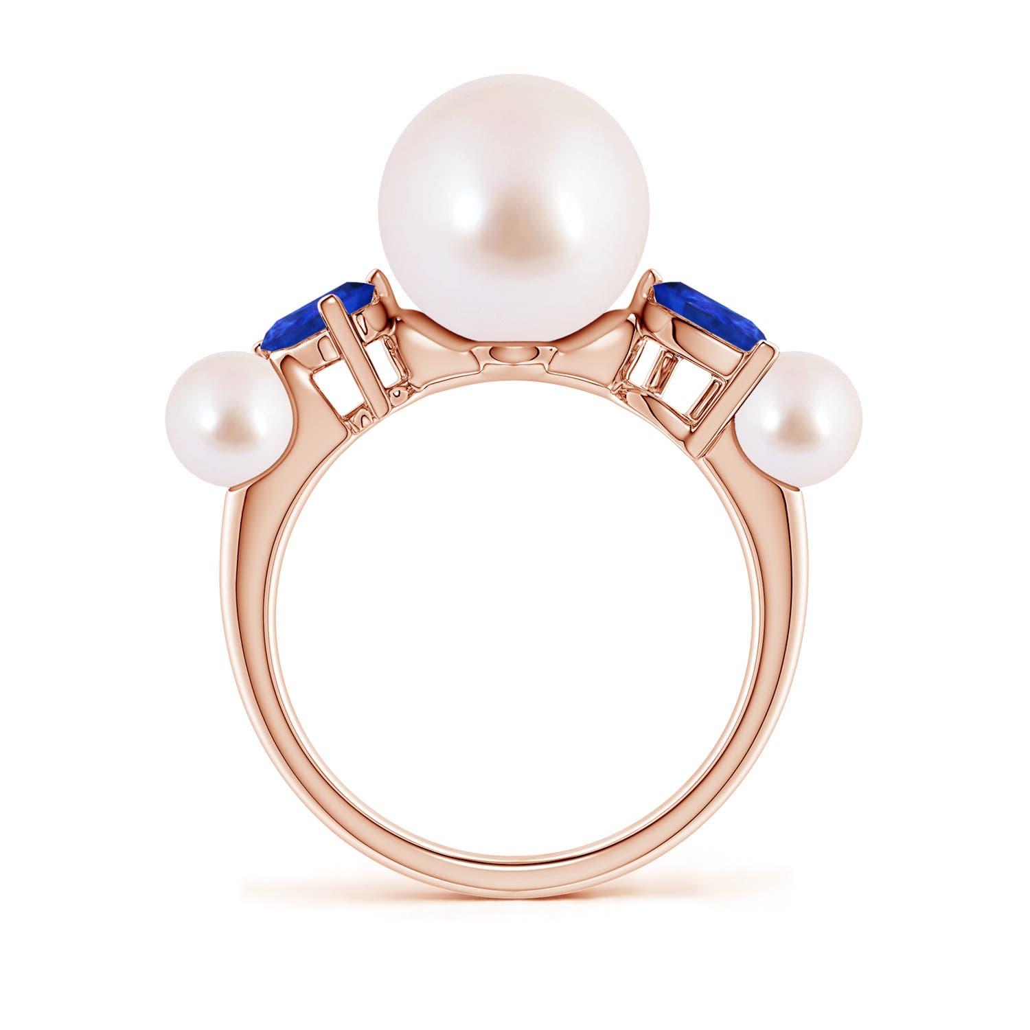 9mm AAA Akoya Pearl and Tilted Pear Tanzanite Tapered Shank Ring in Rose Gold