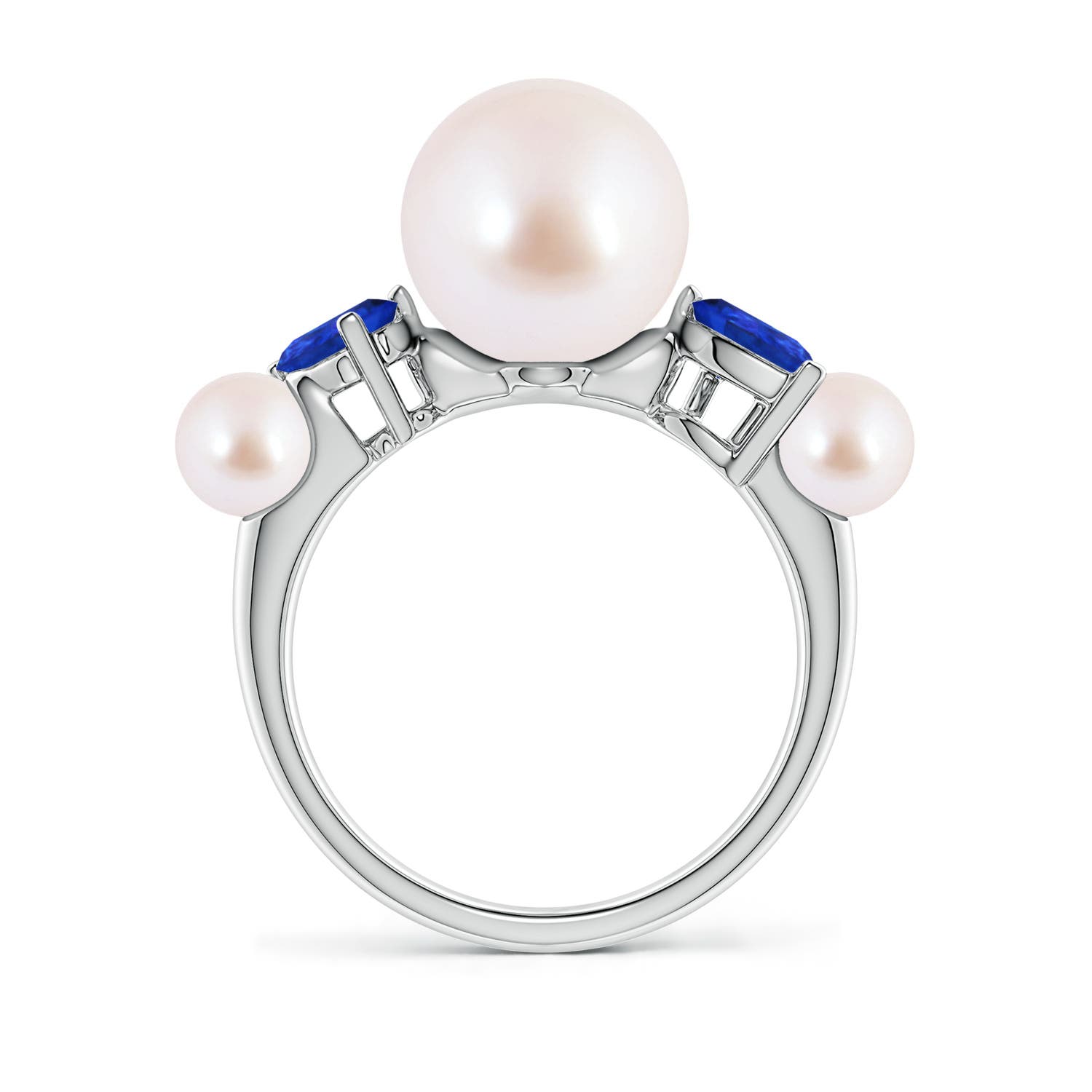 9mm AAA Akoya Pearl and Tilted Pear Tanzanite Tapered Shank Ring in White Gold