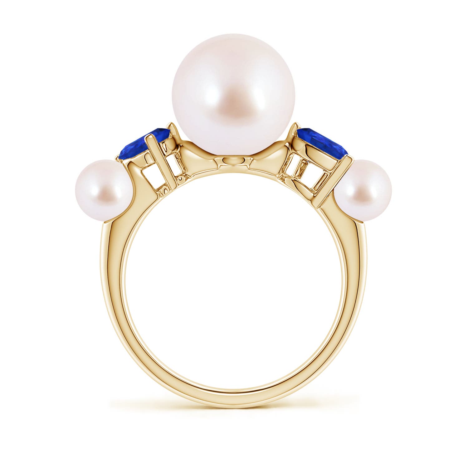 9mm AAA Akoya Pearl and Tilted Pear Tanzanite Tapered Shank Ring in Yellow Gold - side 2