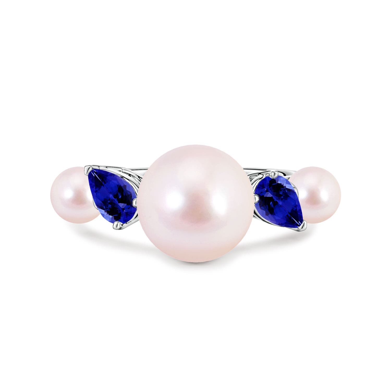 9mm AAAA Akoya Pearl and Tilted Pear Tanzanite Tapered Shank Ring in White Gold