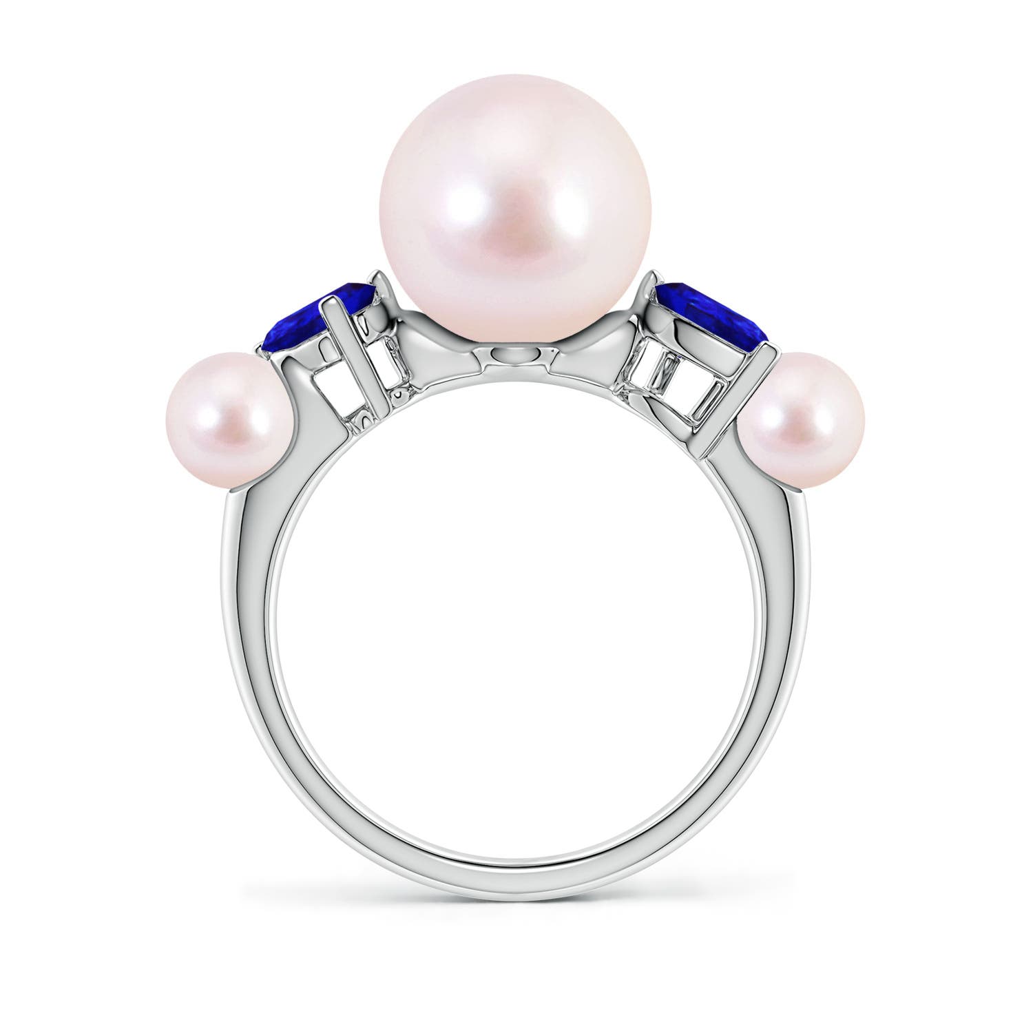 9mm AAAA Akoya Pearl and Tilted Pear Tanzanite Tapered Shank Ring in White Gold