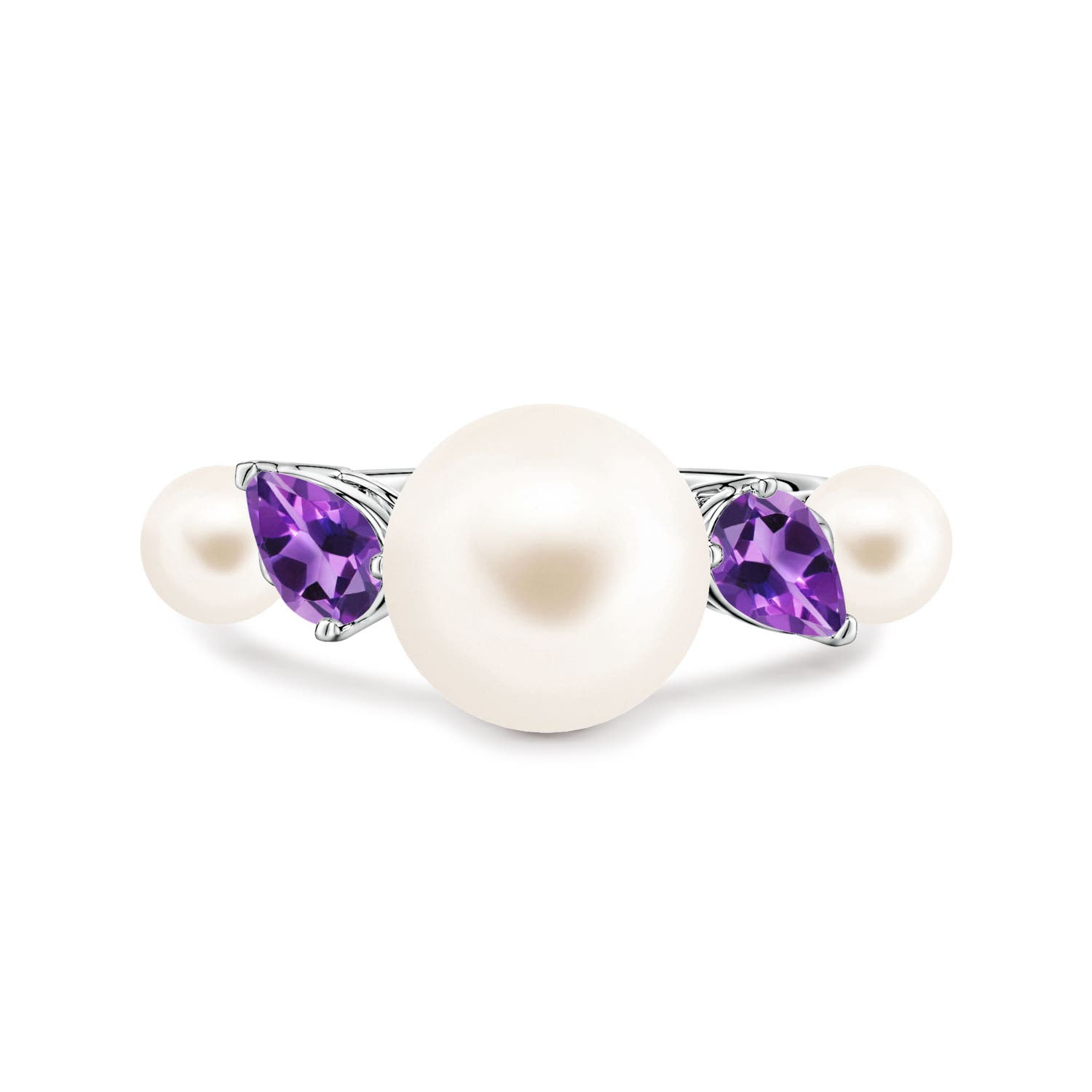 10mm AAA Freshwater Pearl and Tilted Pear Amethyst Tapered Shank Ring in 18CT White Gold