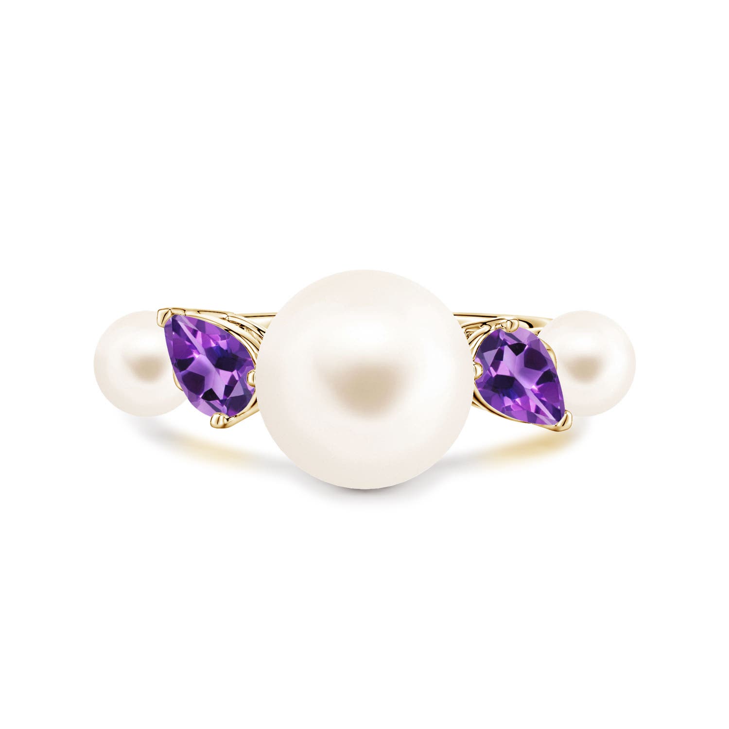 10mm AAA Freshwater Pearl and Tilted Pear Amethyst Tapered Shank Ring in 18K Yellow Gold
