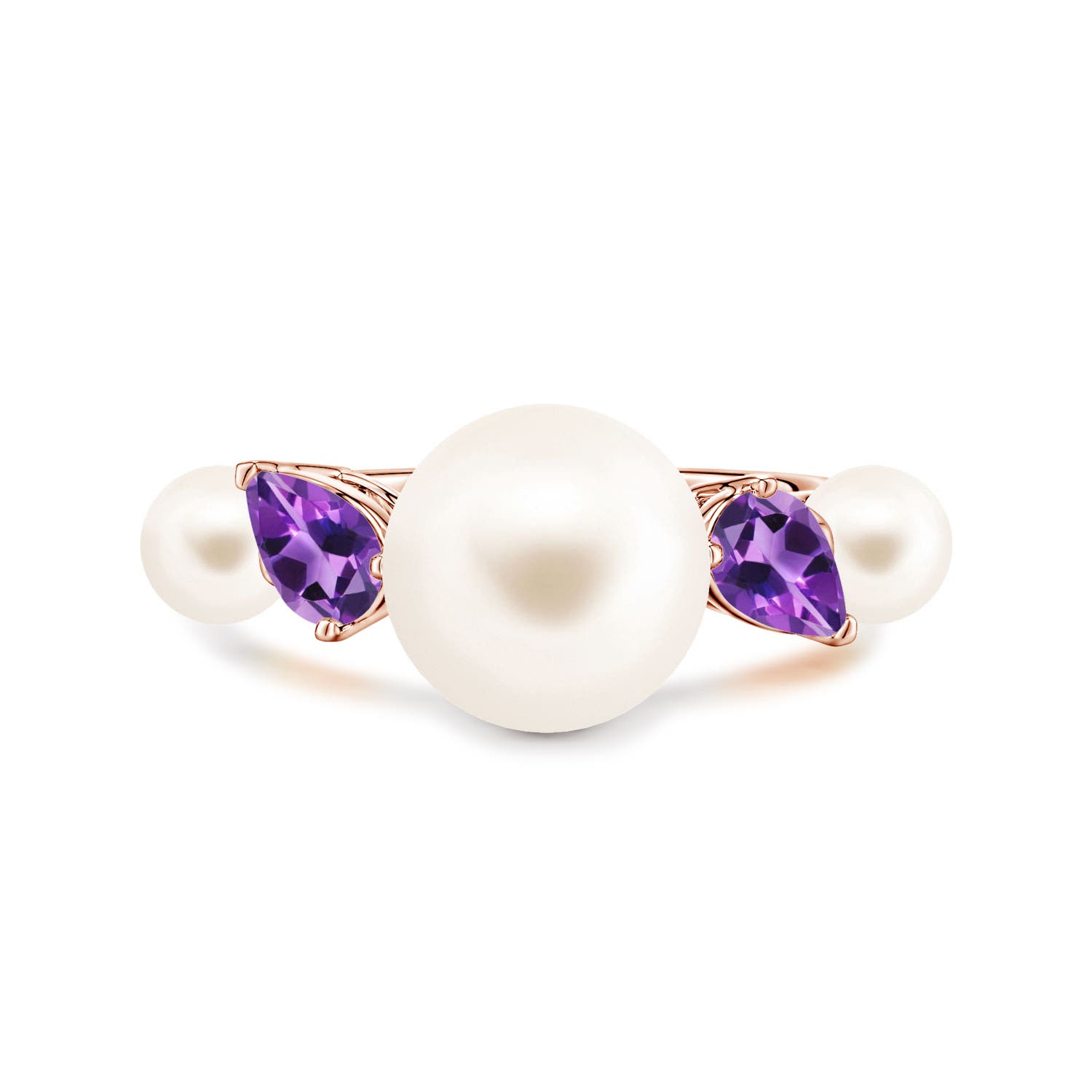 10mm AAA Freshwater Pearl and Tilted Pear Amethyst Tapered Shank Ring in Rose Gold