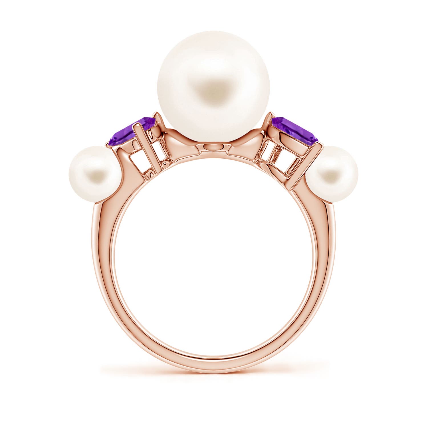10mm AAA Freshwater Pearl and Tilted Pear Amethyst Tapered Shank Ring in Rose Gold