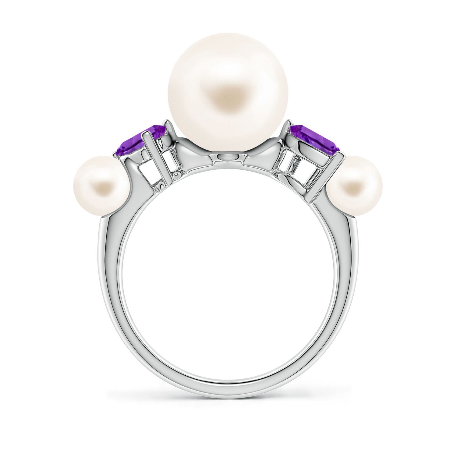 10mm AAA Freshwater Pearl and Tilted Pear Amethyst Tapered Shank Ring in White Gold - side 2