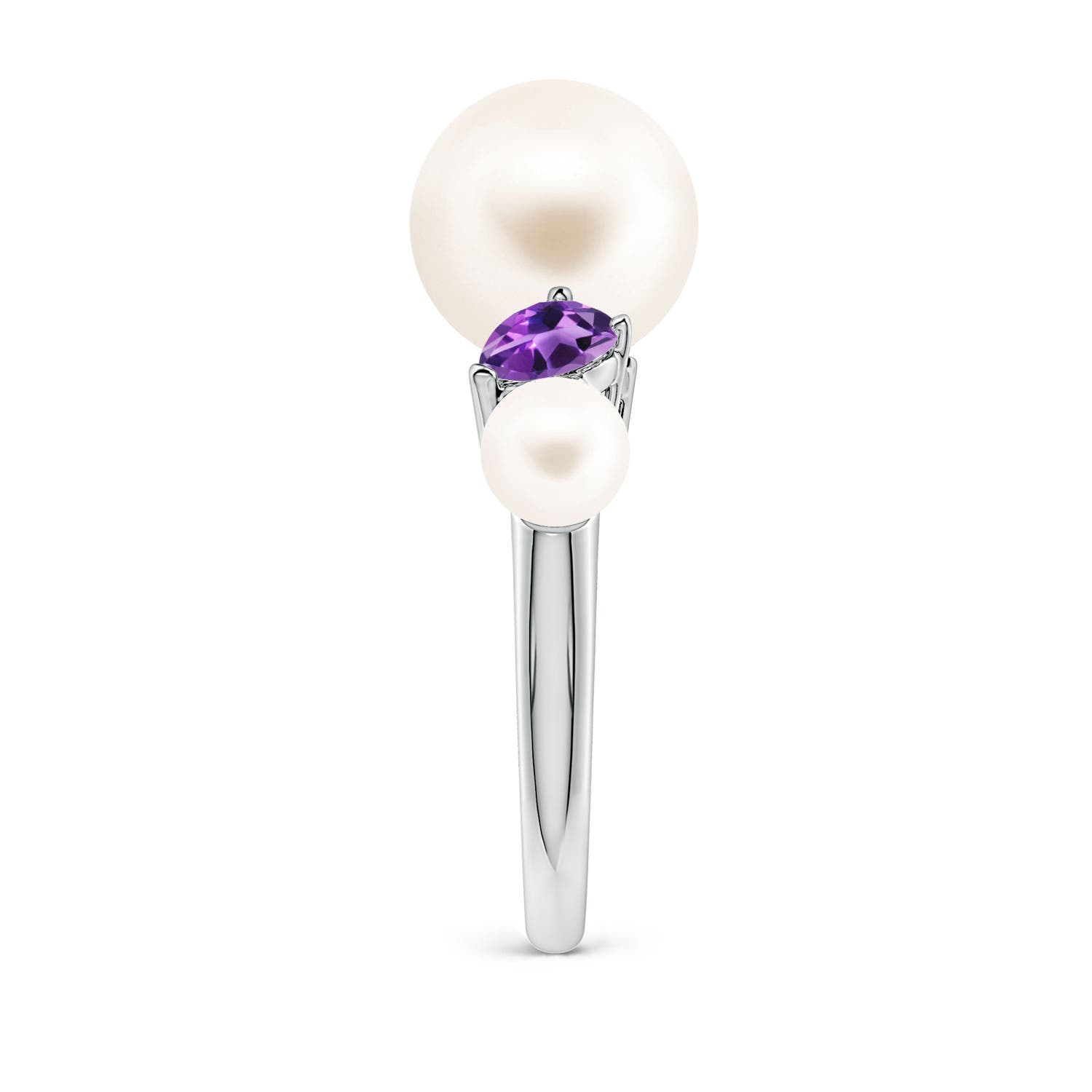 10mm AAA Freshwater Pearl and Tilted Pear Amethyst Tapered Shank Ring in White Gold - side 3