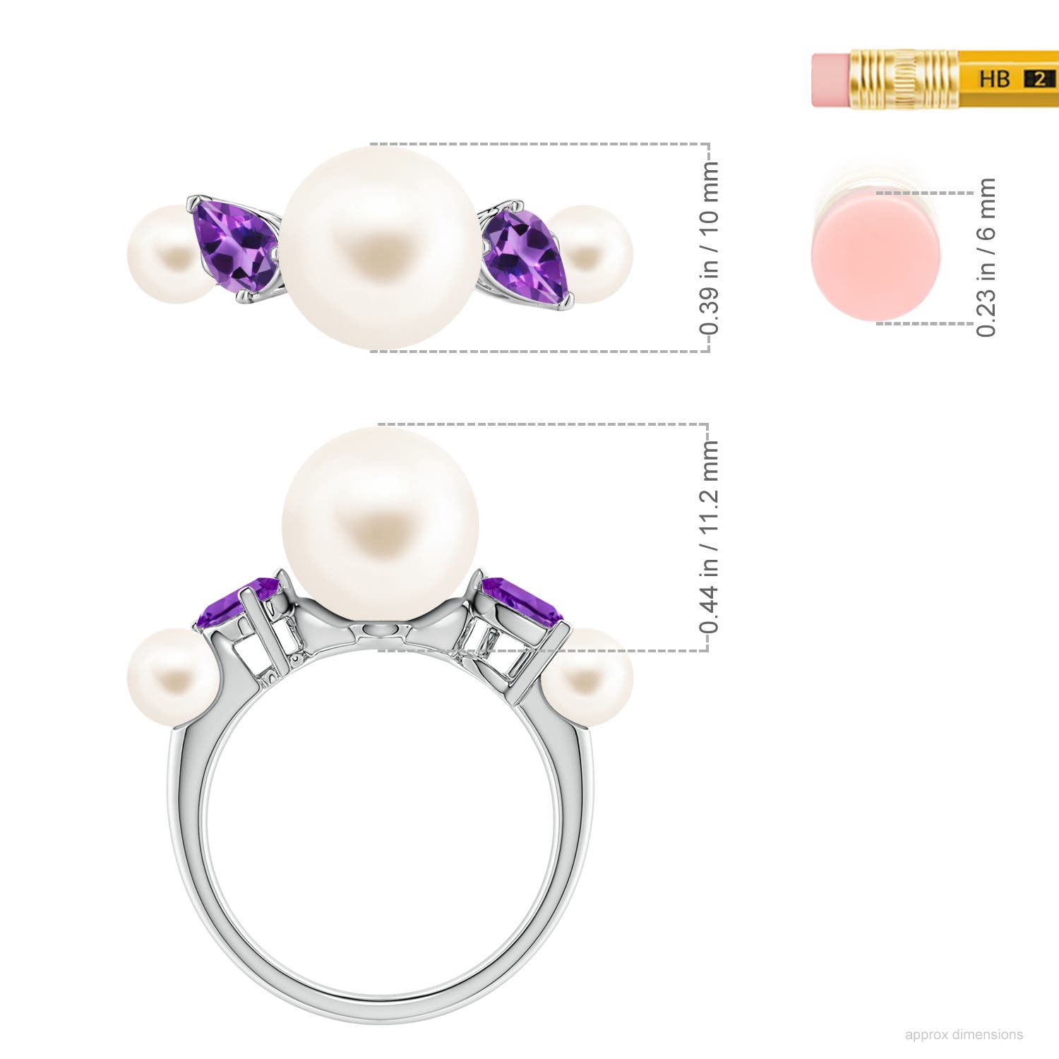 10mm AAA Freshwater Pearl and Tilted Pear Amethyst Tapered Shank Ring in White Gold - ruler