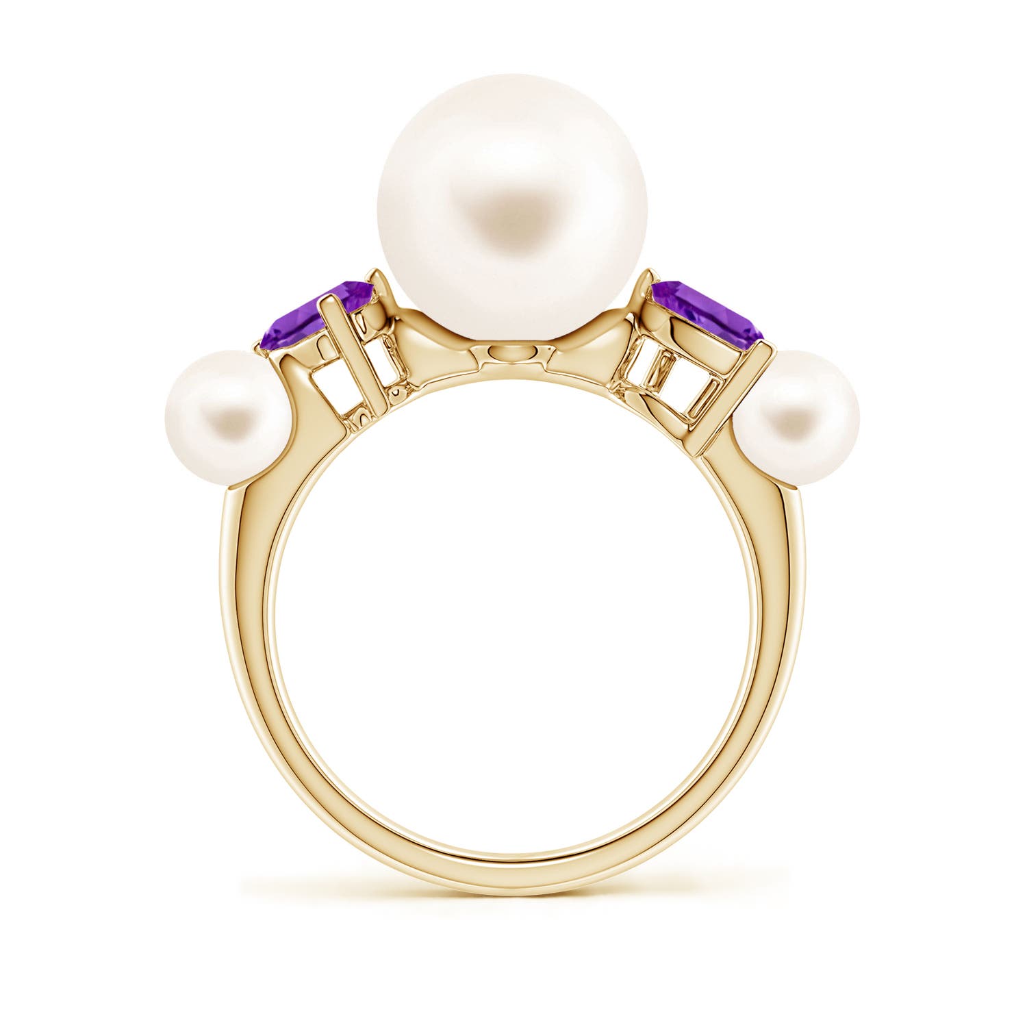 10mm AAA Freshwater Pearl and Tilted Pear Amethyst Tapered Shank Ring in Yellow Gold