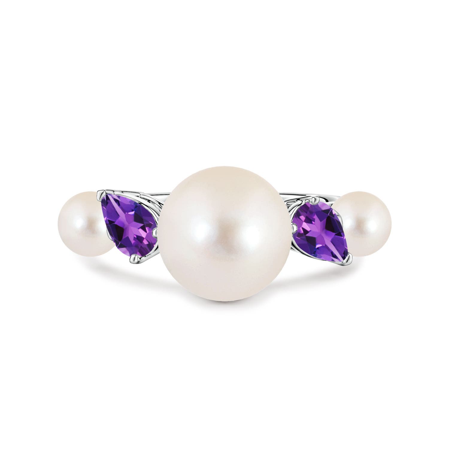 10mm AAAA Freshwater Pearl and Tilted Pear Amethyst Tapered Shank Ring in White Gold