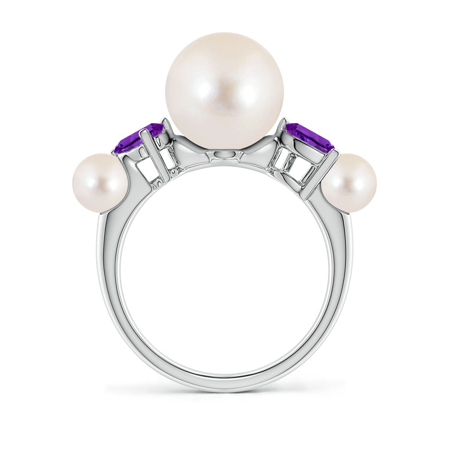 10mm AAAA Freshwater Pearl and Tilted Pear Amethyst Tapered Shank Ring in White Gold