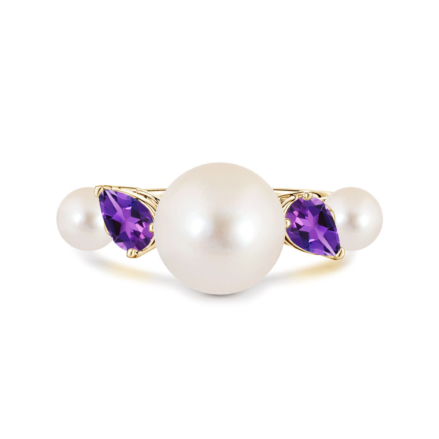 10mm AAAA Freshwater Pearl and Tilted Pear Amethyst Tapered Shank Ring in Yellow Gold