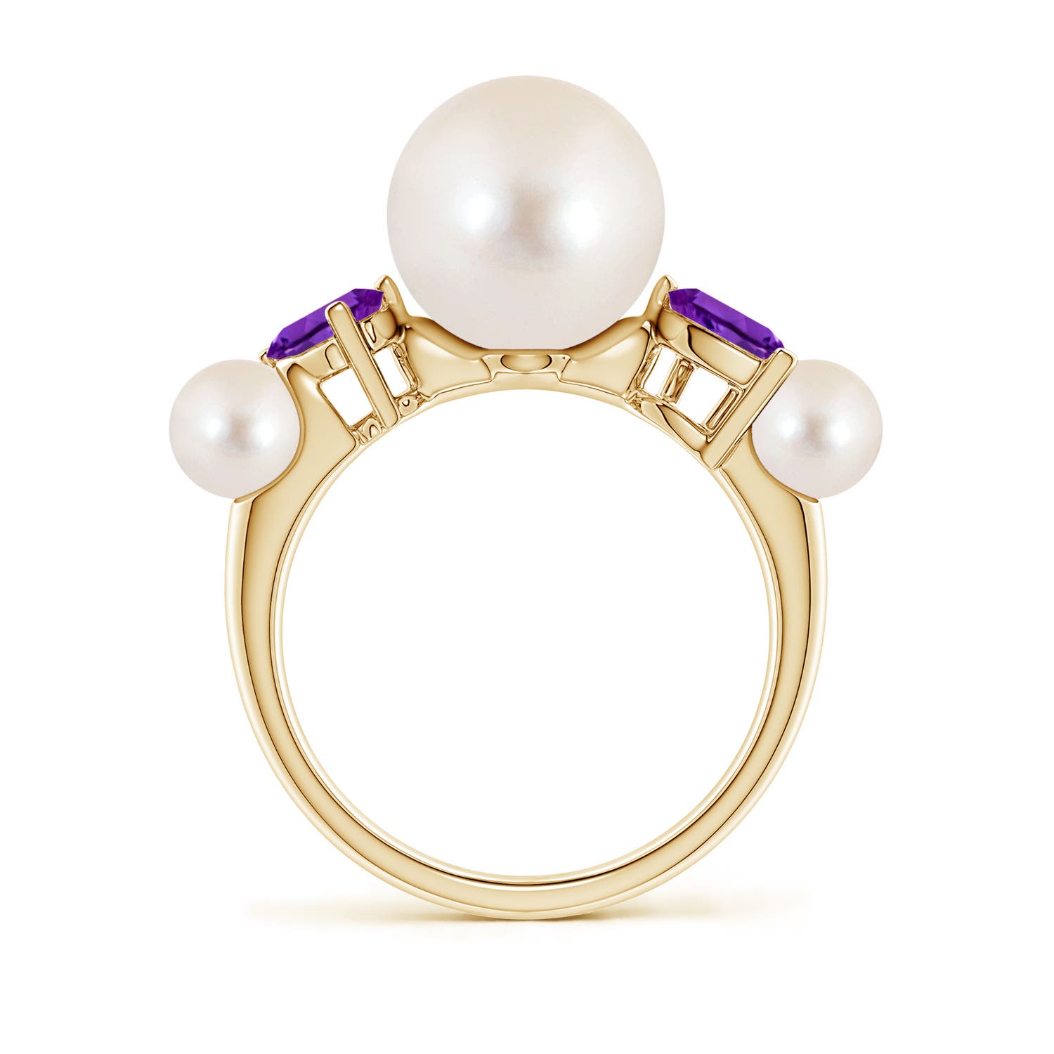 10mm AAAA Freshwater Pearl and Tilted Pear Amethyst Tapered Shank Ring in Yellow Gold