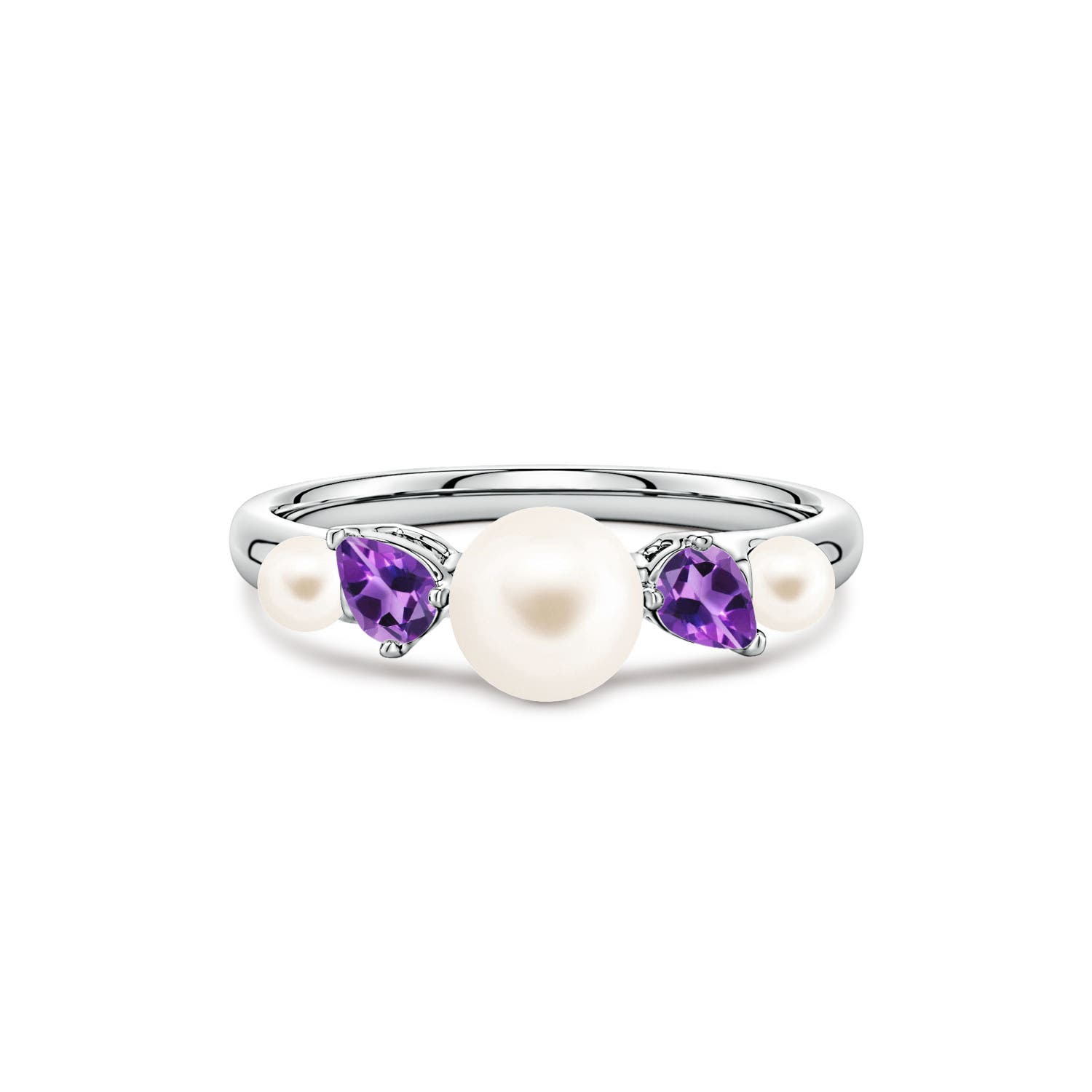 6mm AAA Freshwater Pearl and Tilted Pear Amethyst Tapered Shank Ring in White Gold