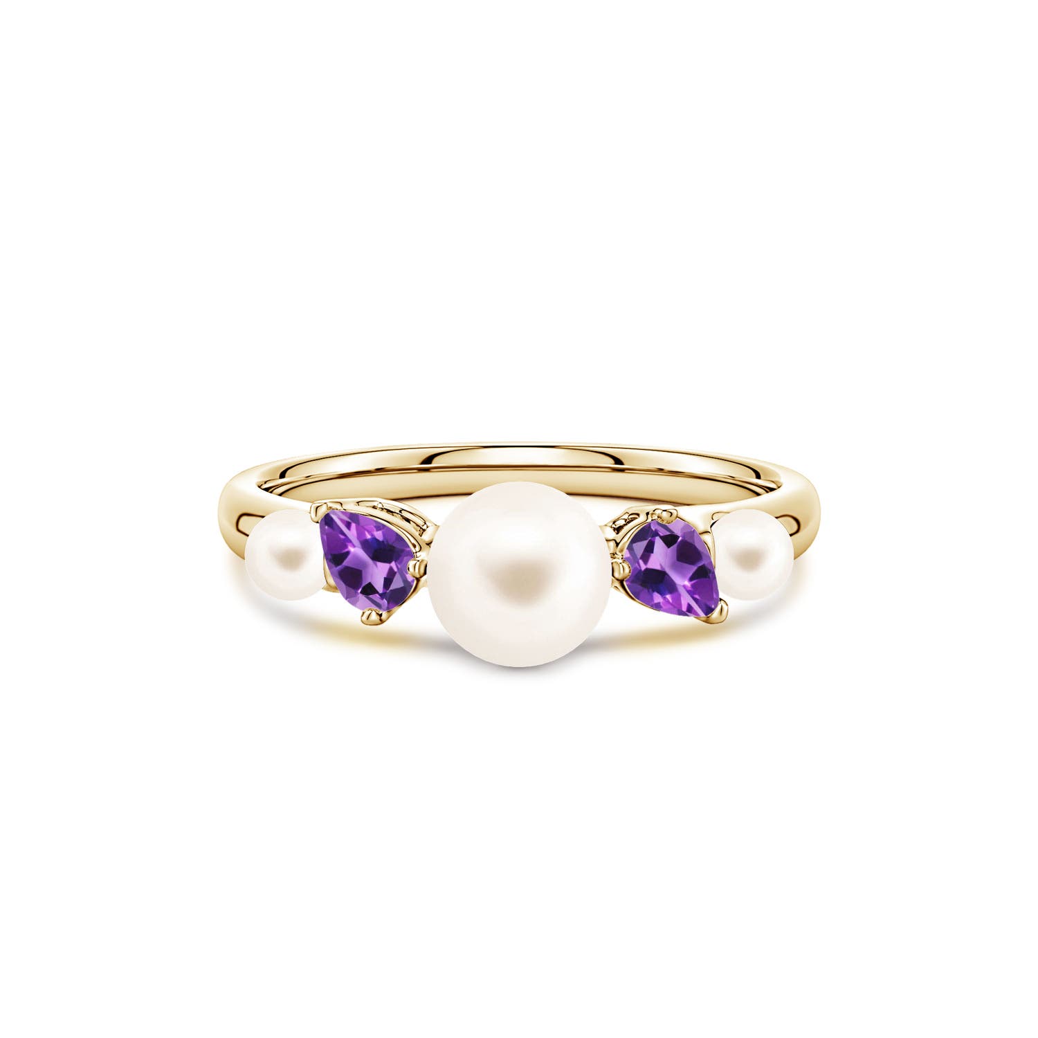 6mm AAA Freshwater Pearl and Tilted Pear Amethyst Tapered Shank Ring in Yellow Gold