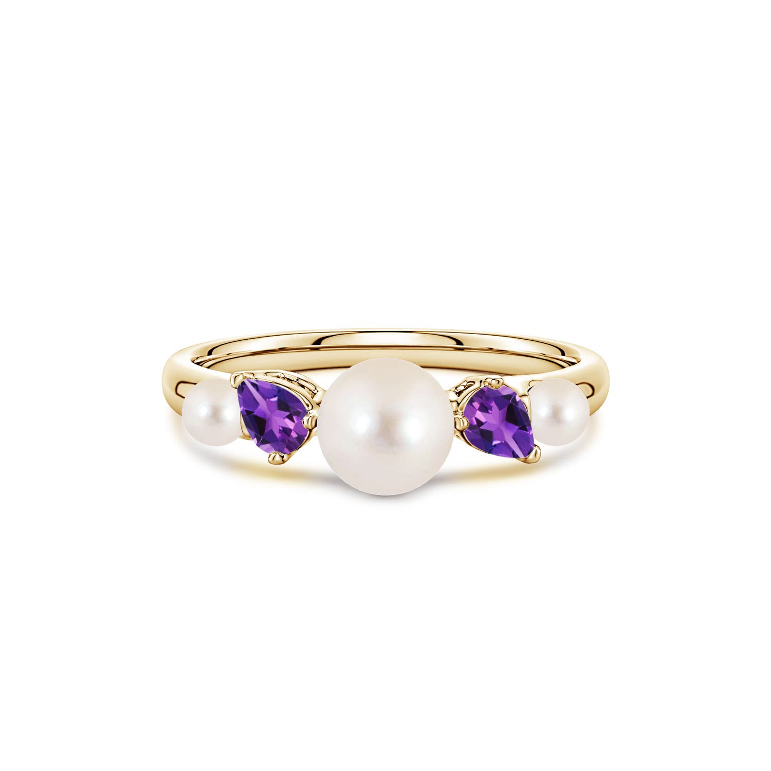 6mm AAAA Freshwater Pearl and Tilted Pear Amethyst Tapered Shank Ring in Yellow Gold