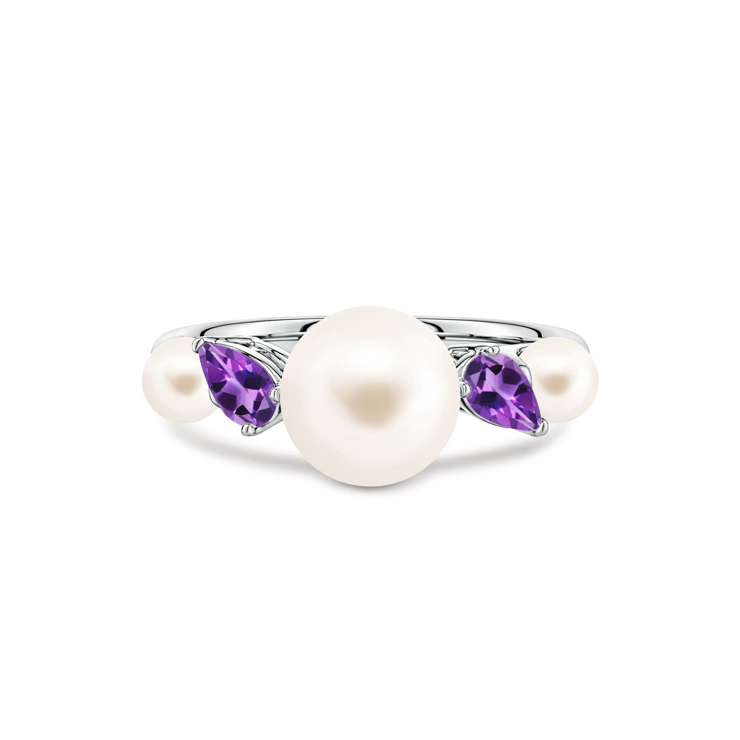 8mm AAA Freshwater Pearl and Tilted Pear Amethyst Tapered Shank Ring in White Gold