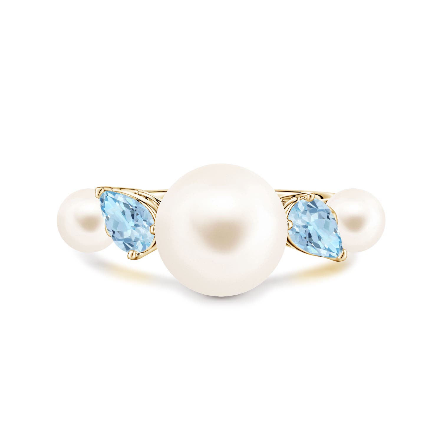 10mm AAA Freshwater Pearl and Tilted Pear Aquamarine Tapered Shank Ring in 18K Yellow Gold