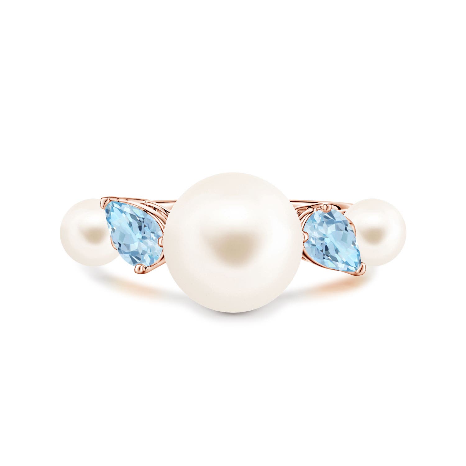 10mm AAA Freshwater Pearl and Tilted Pear Aquamarine Tapered Shank Ring in Rose Gold