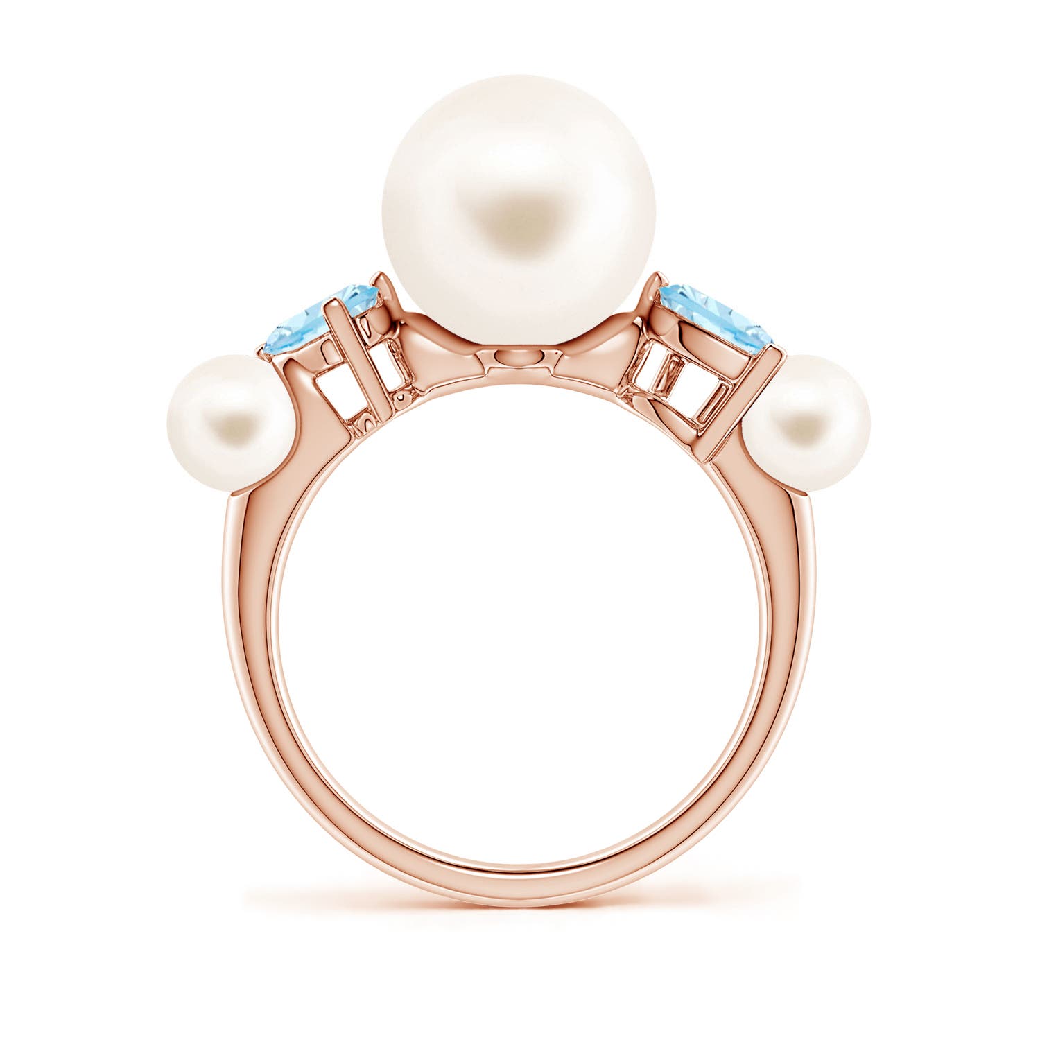 10mm AAA Freshwater Pearl and Tilted Pear Aquamarine Tapered Shank Ring in Rose Gold
