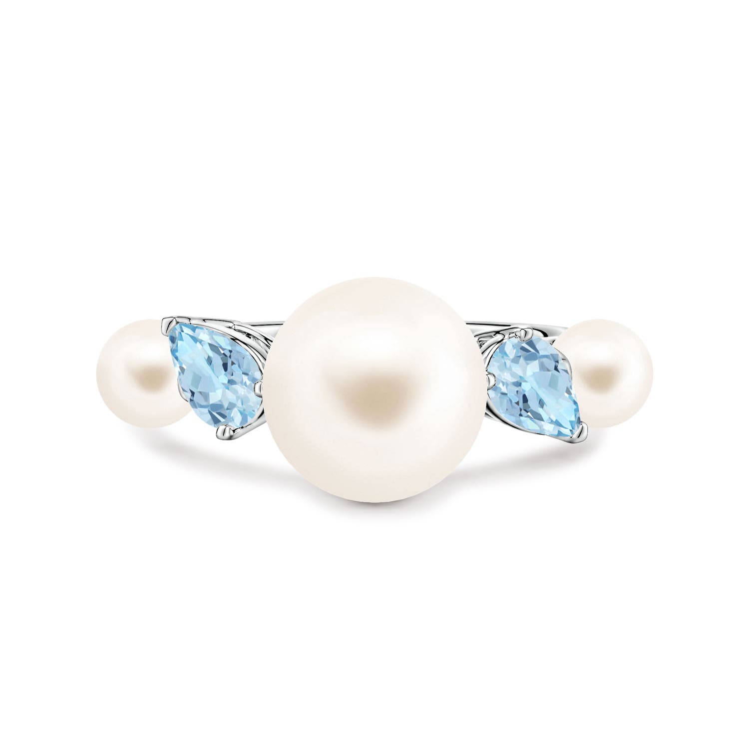 10mm AAA Freshwater Pearl and Tilted Pear Aquamarine Tapered Shank Ring in White Gold