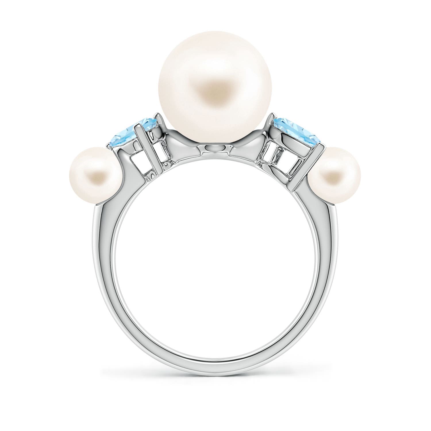 10mm AAA Freshwater Pearl and Tilted Pear Aquamarine Tapered Shank Ring in White Gold - side 2