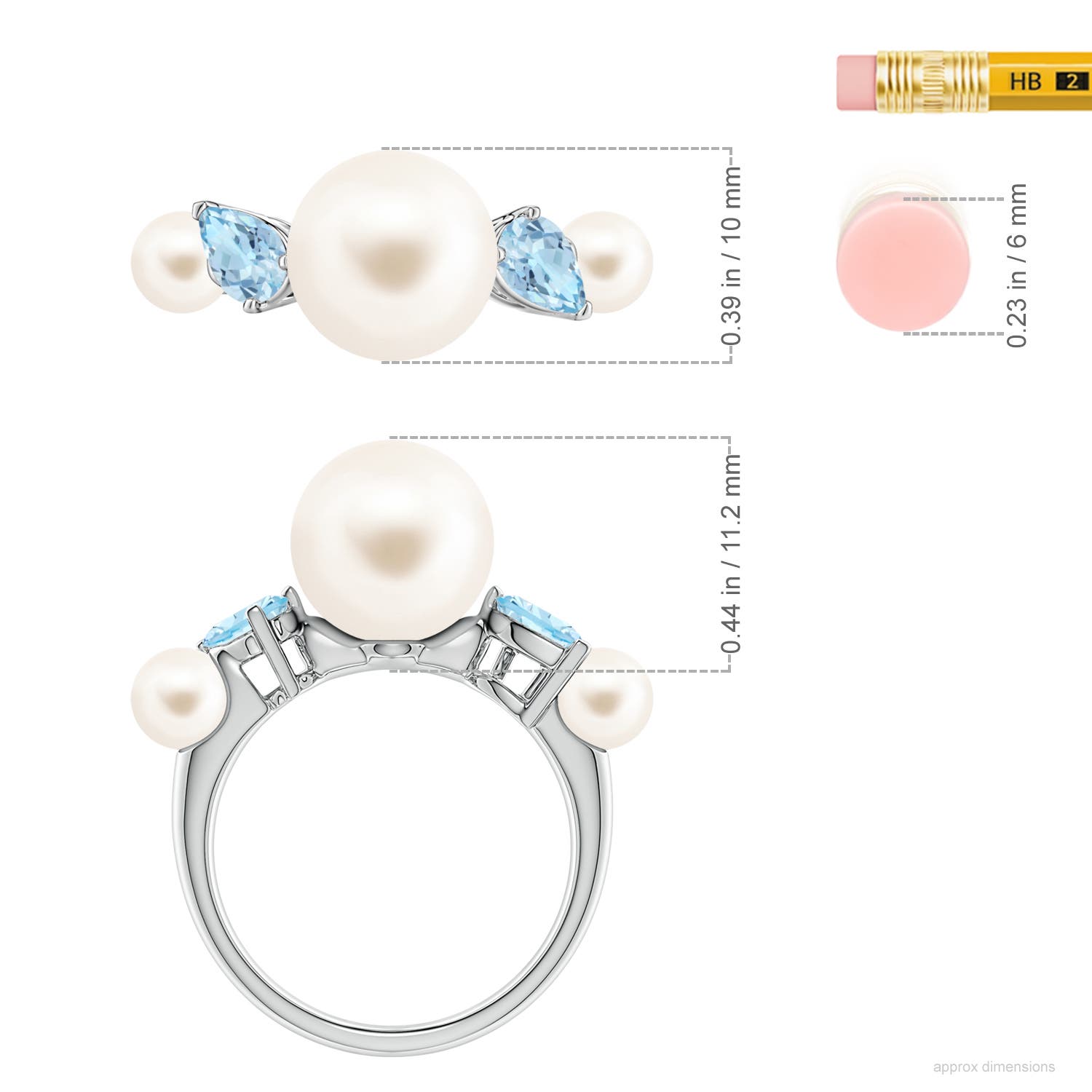 10mm AAA Freshwater Pearl and Tilted Pear Aquamarine Tapered Shank Ring in White Gold - ruler