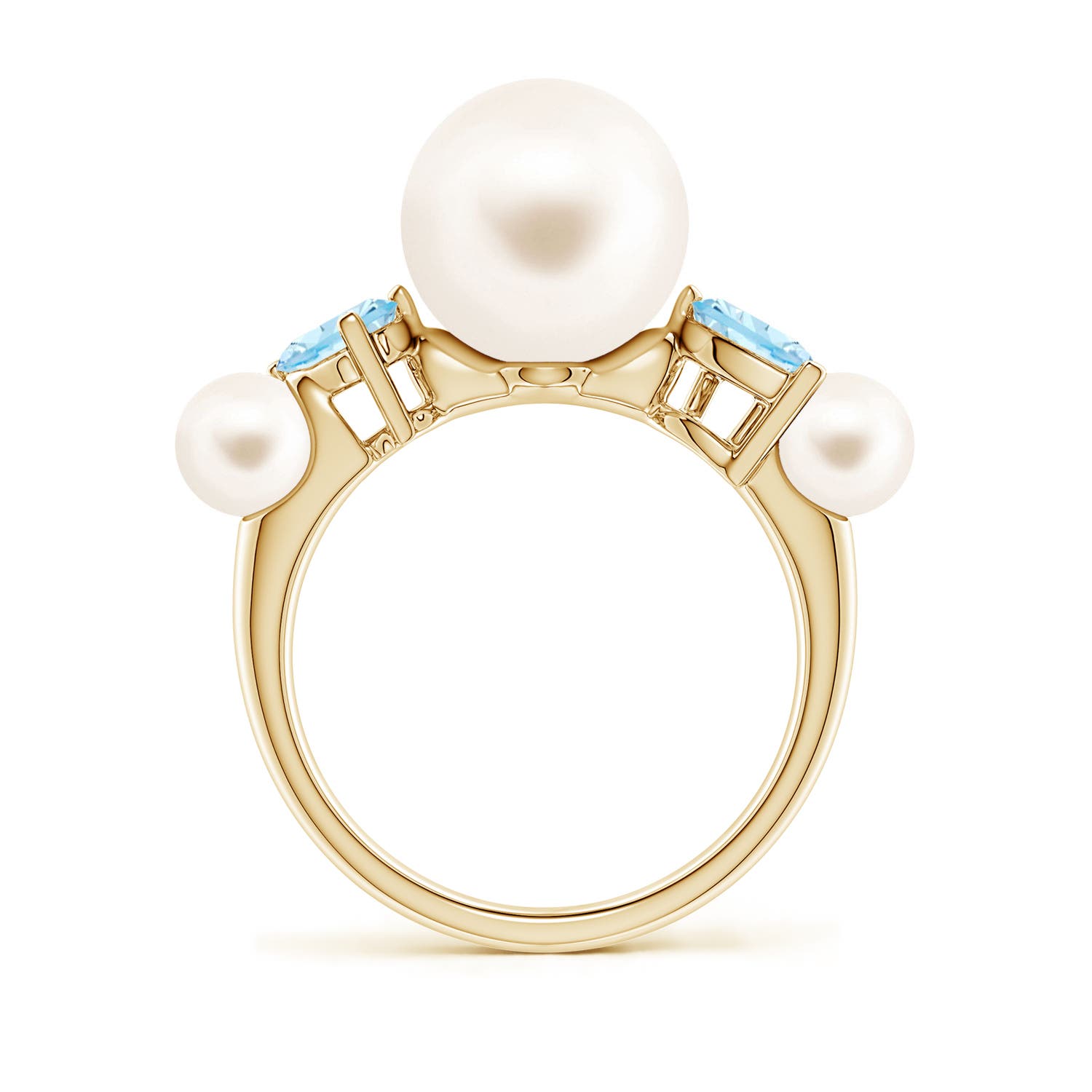10mm AAA Freshwater Pearl and Tilted Pear Aquamarine Tapered Shank Ring in Yellow Gold