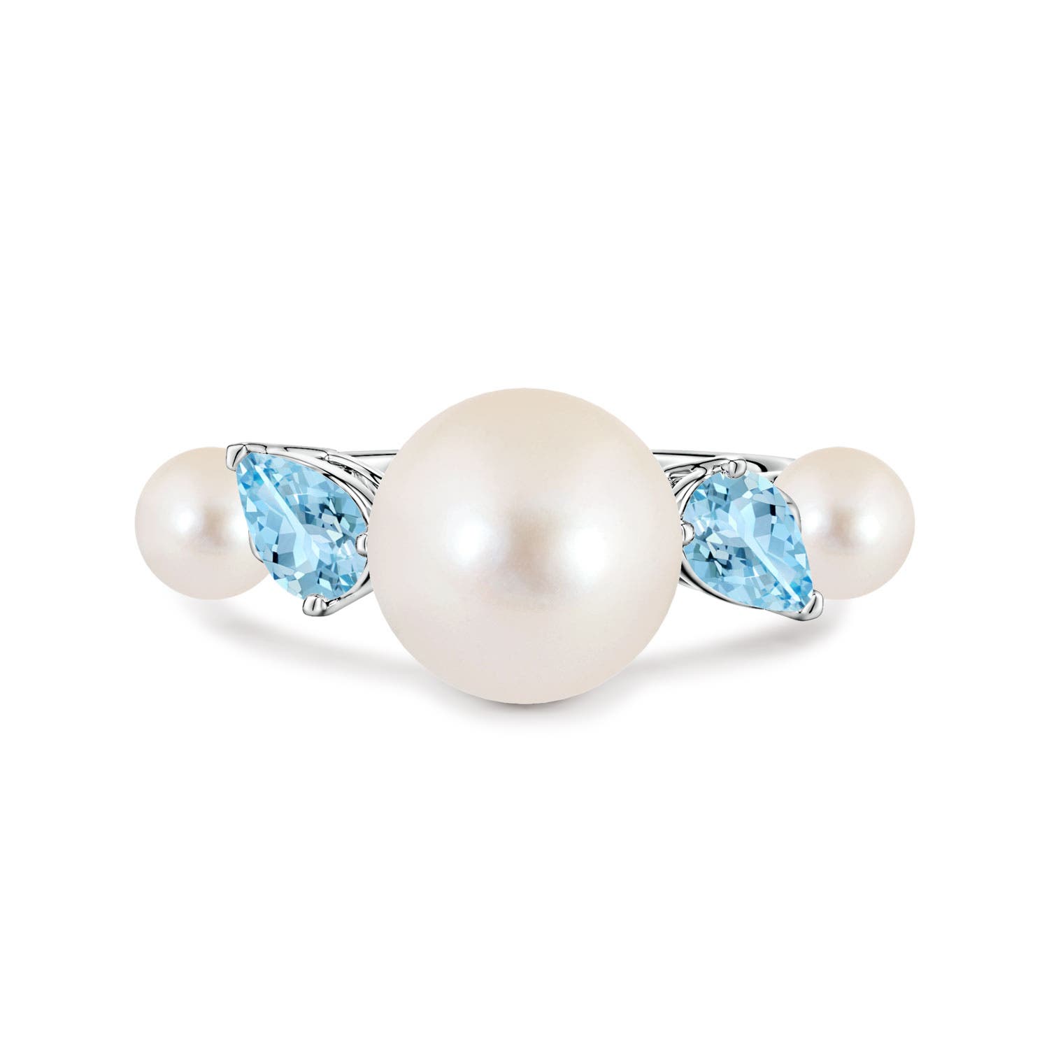 10mm AAAA Freshwater Pearl and Tilted Pear Aquamarine Tapered Shank Ring in White Gold