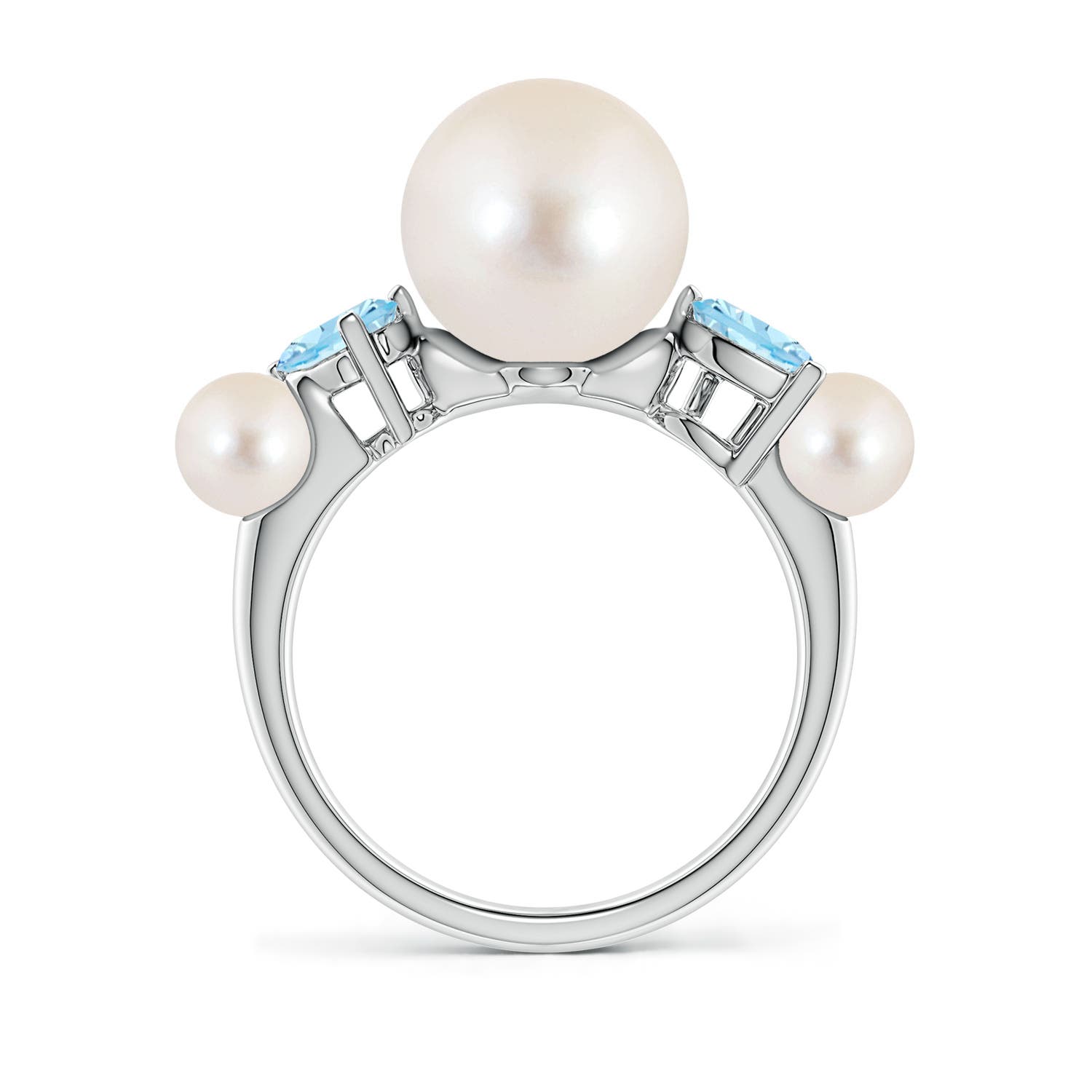 10mm AAAA Freshwater Pearl and Tilted Pear Aquamarine Tapered Shank Ring in White Gold