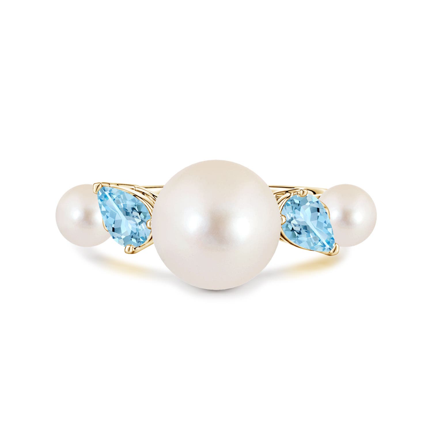 10mm AAAA Freshwater Pearl and Tilted Pear Aquamarine Tapered Shank Ring in Yellow Gold