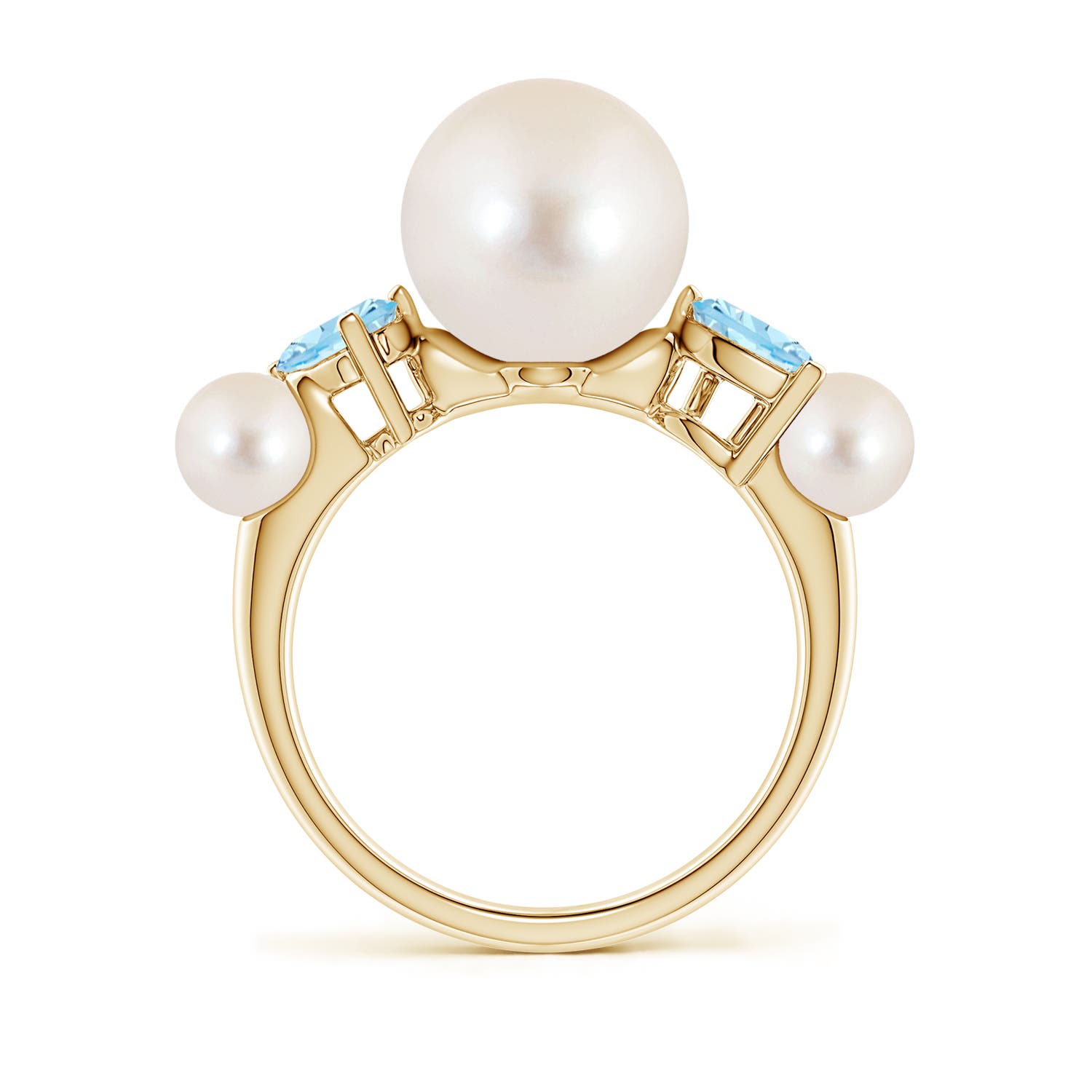 10mm AAAA Freshwater Pearl and Tilted Pear Aquamarine Tapered Shank Ring in Yellow Gold